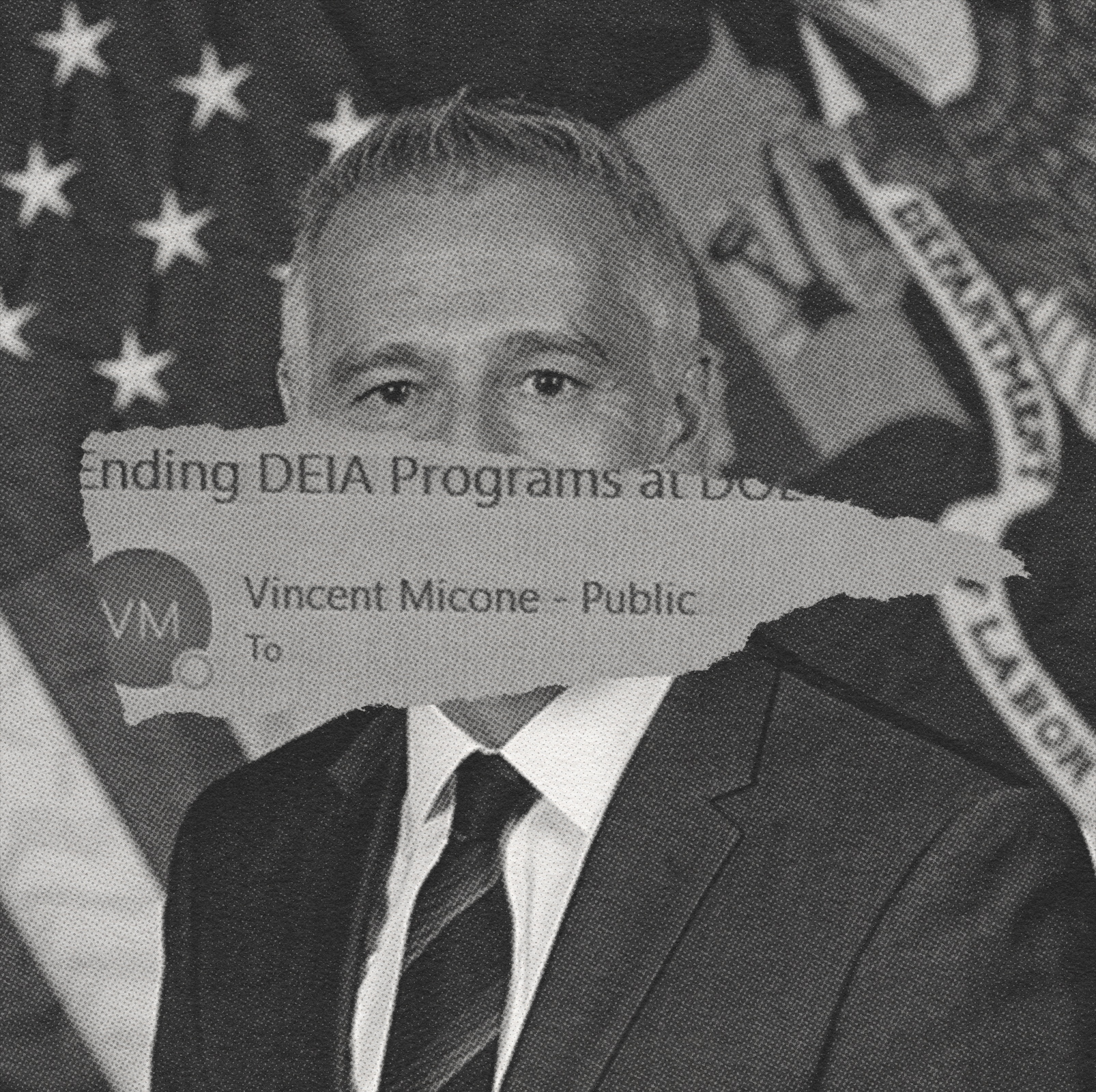 A photo illustration of a man with a ripped document overtop.