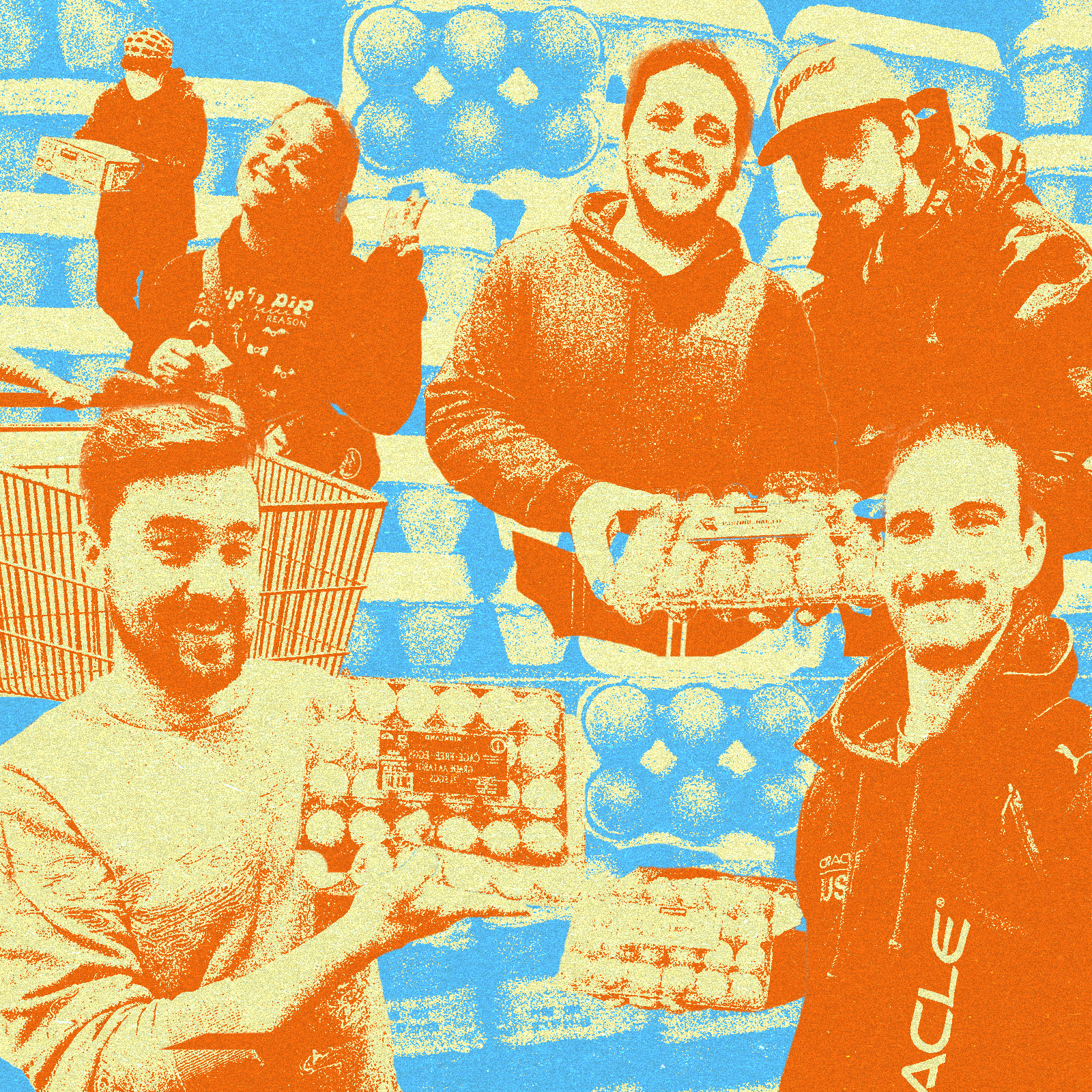 An illustration showing people holding up egg cartons