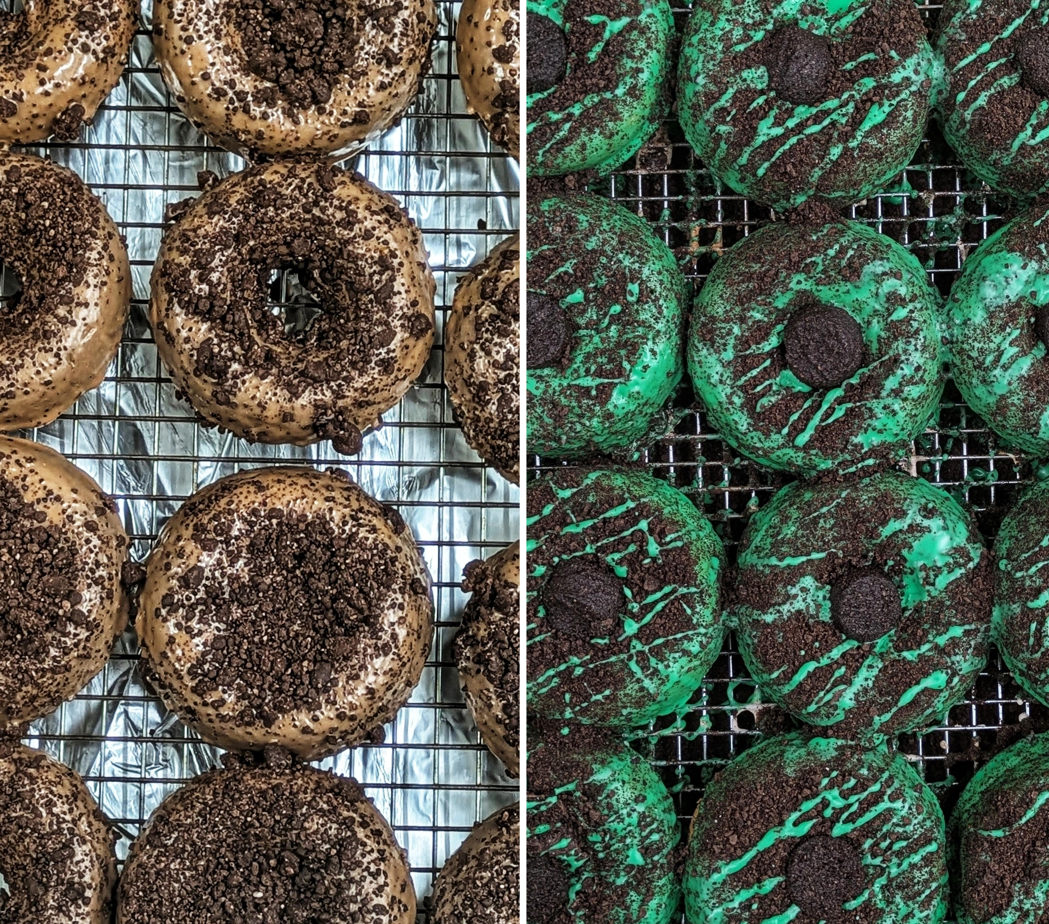 The image shows two trays of donuts: one with brown frosting and cookie crumbs, the other with bright green frosting, cookie crumbs, and drizzled icing.