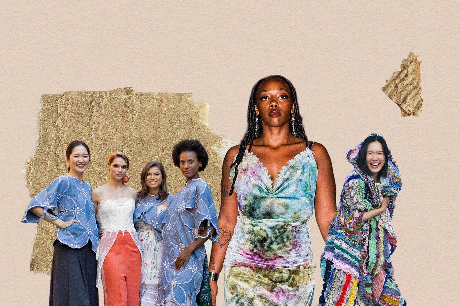 A photo collage of six women wearing clothing made of trash
