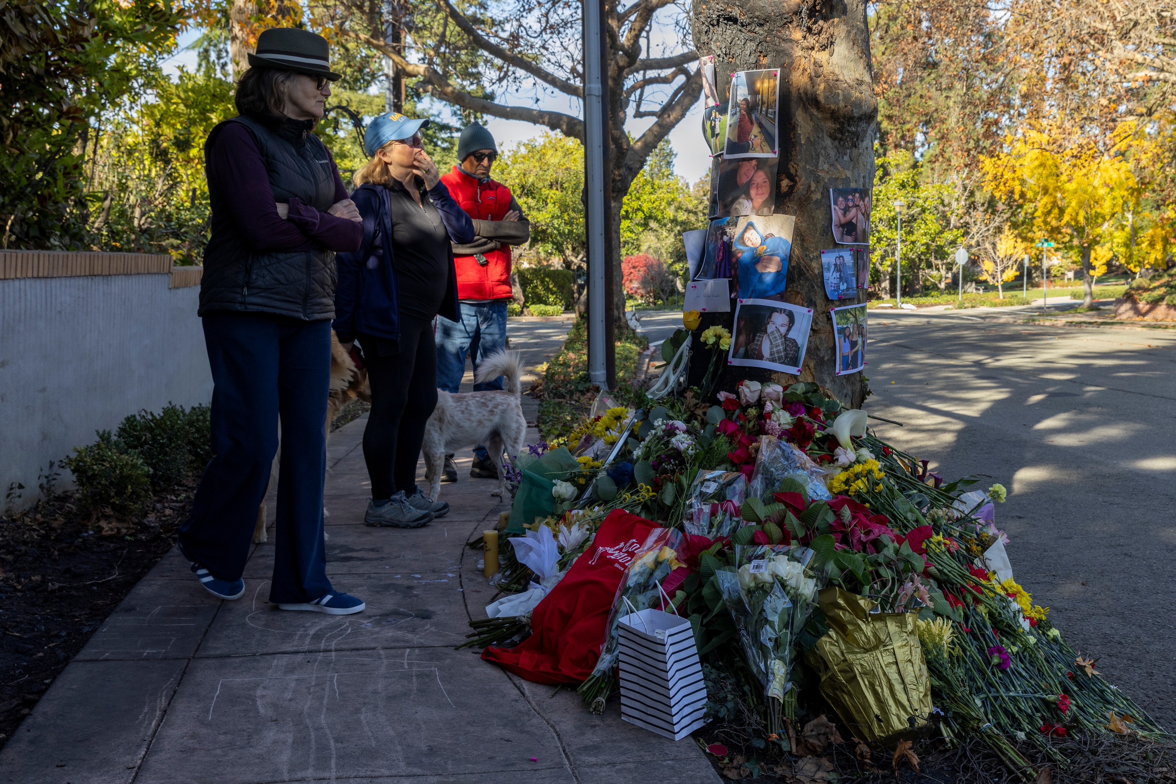 A small group of people stands solemnly on a sidewalk, observing a memorial with flowers and photos arranged against a tree. A dog is present nearby.