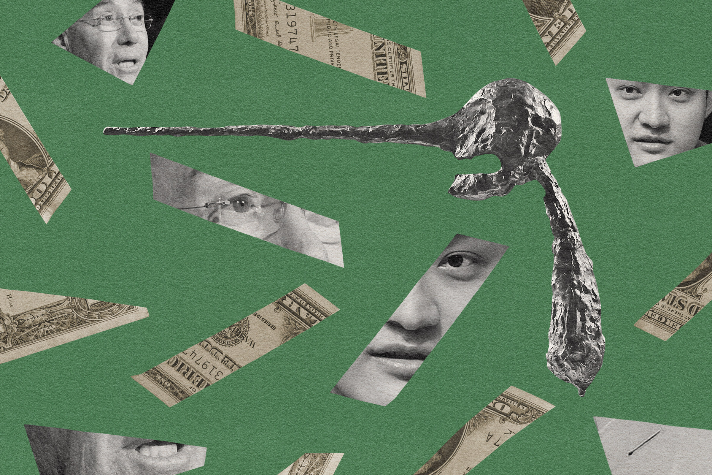 A collage of ripped money, photos, and a statue