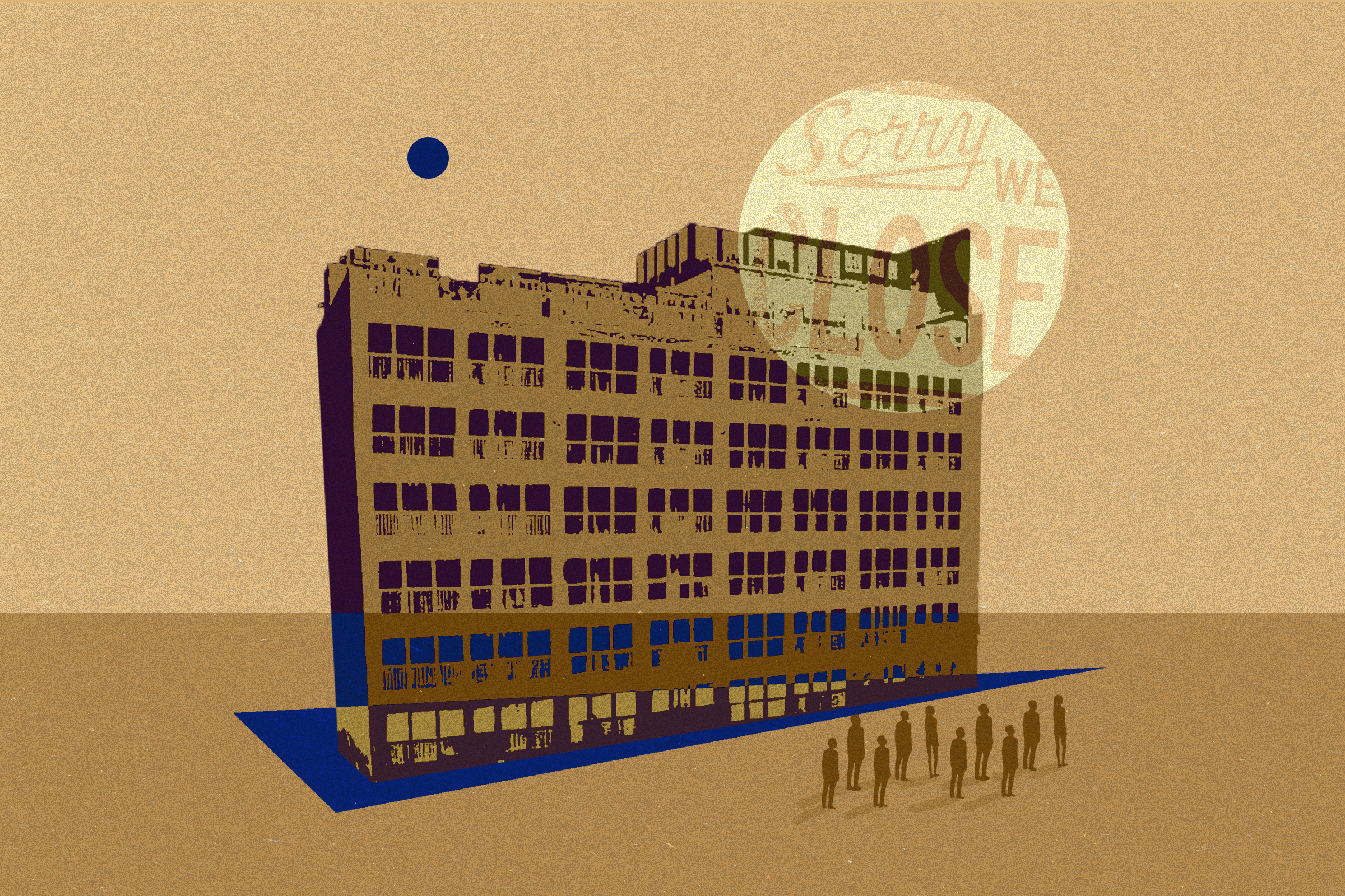 A photo collage of a run down hotel building with figures marching out.