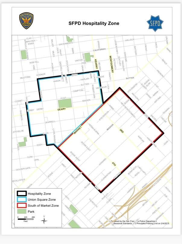 The map shows SFPD Hospitality Zone outlining Union Square (blue) and South of Market (red) with parks marked in green on a street grid.