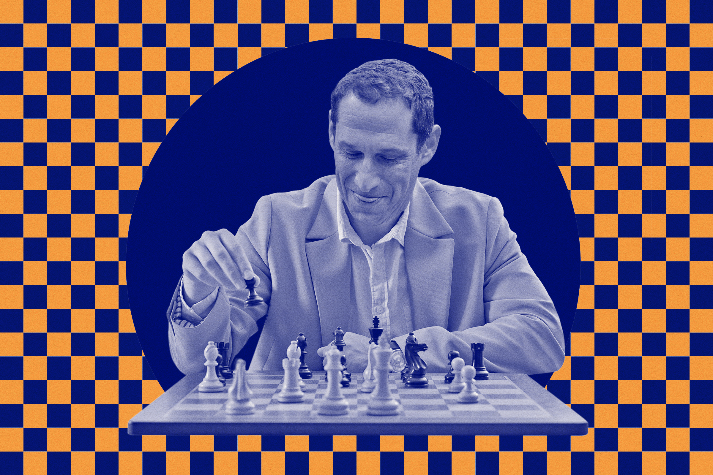 A photo illustration of a man playing chess