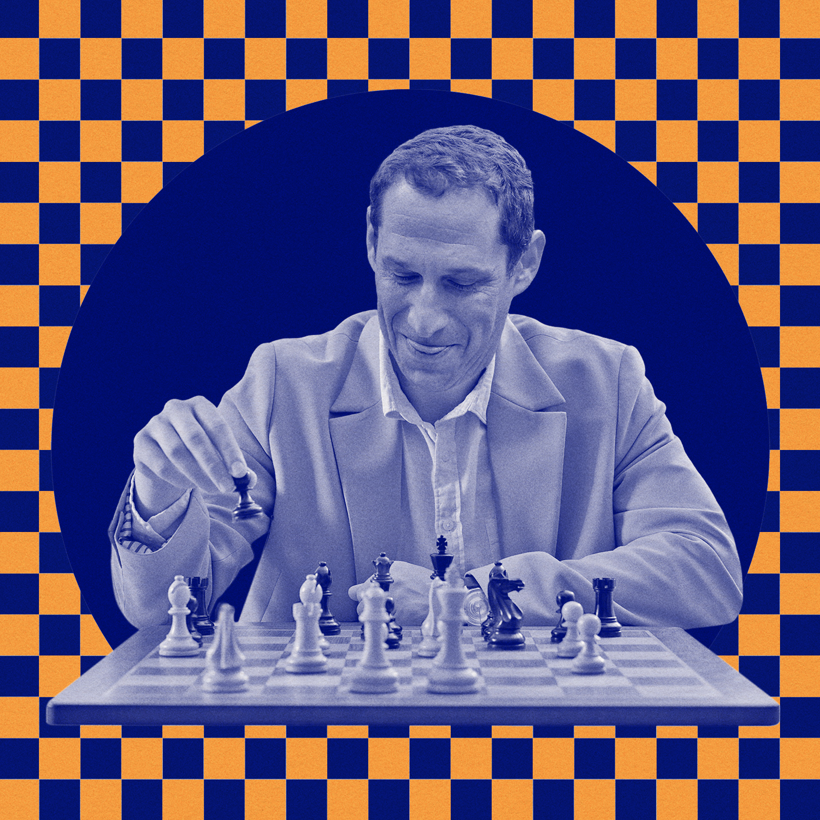 A photo illustration of a man playing chess