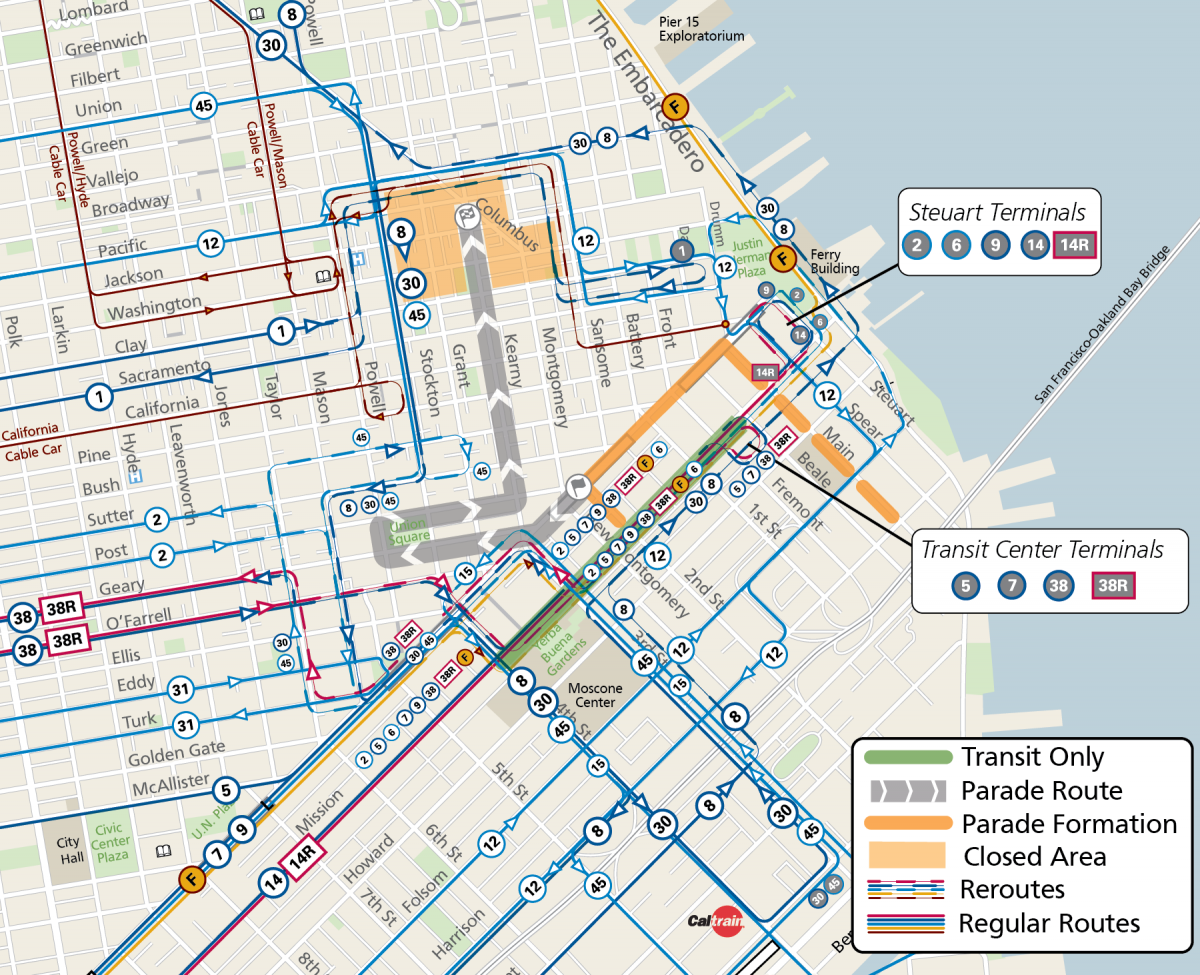 This image shows a detailed map of transit routes in a city, featuring parade paths, reroutes, and terminal locations. It includes color-coded routes and labels.