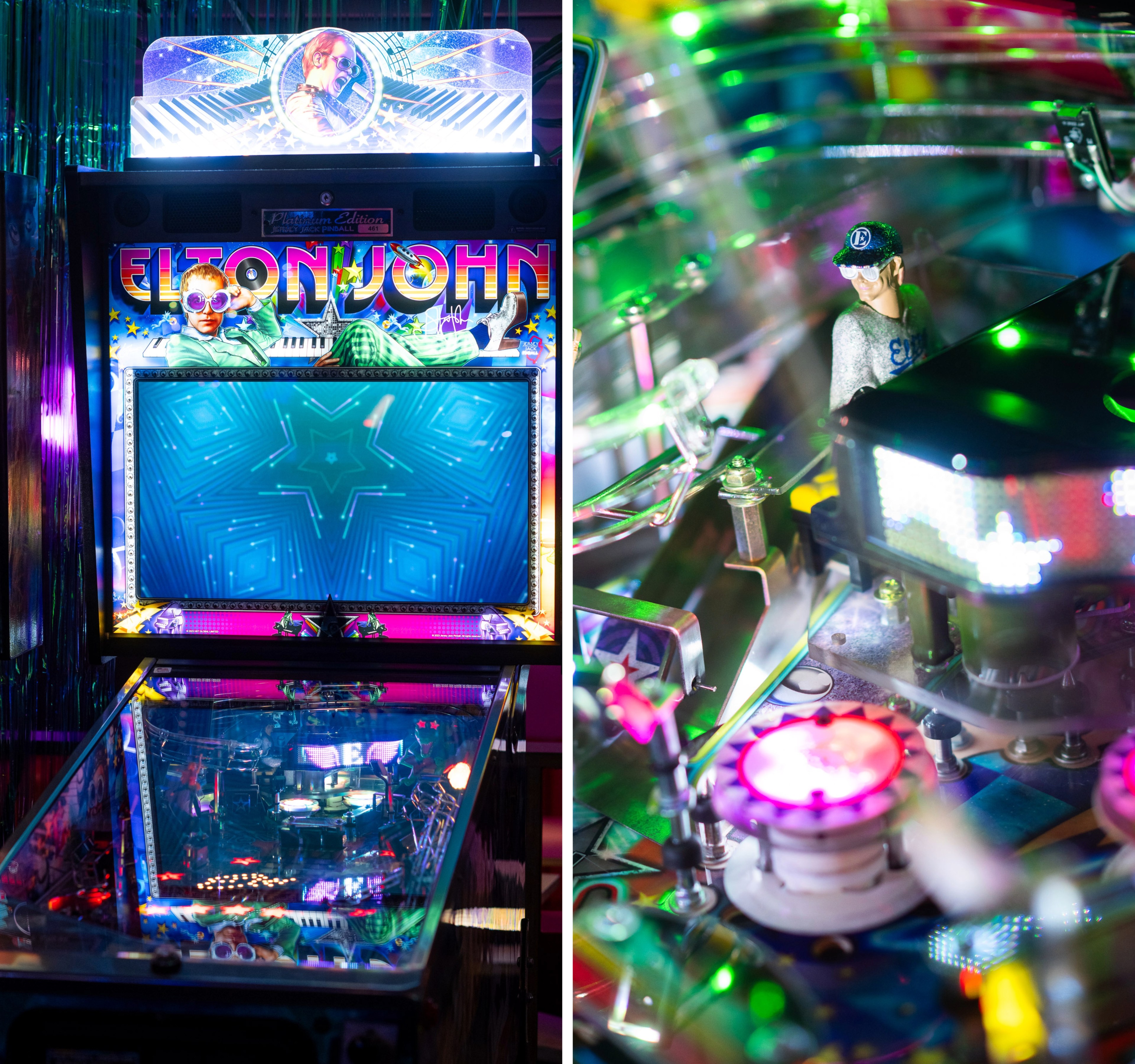 The image shows an Elton John-themed pinball machine, vibrant with colorful lights. A miniature figure wearing sunglasses is part of the machine's detail.