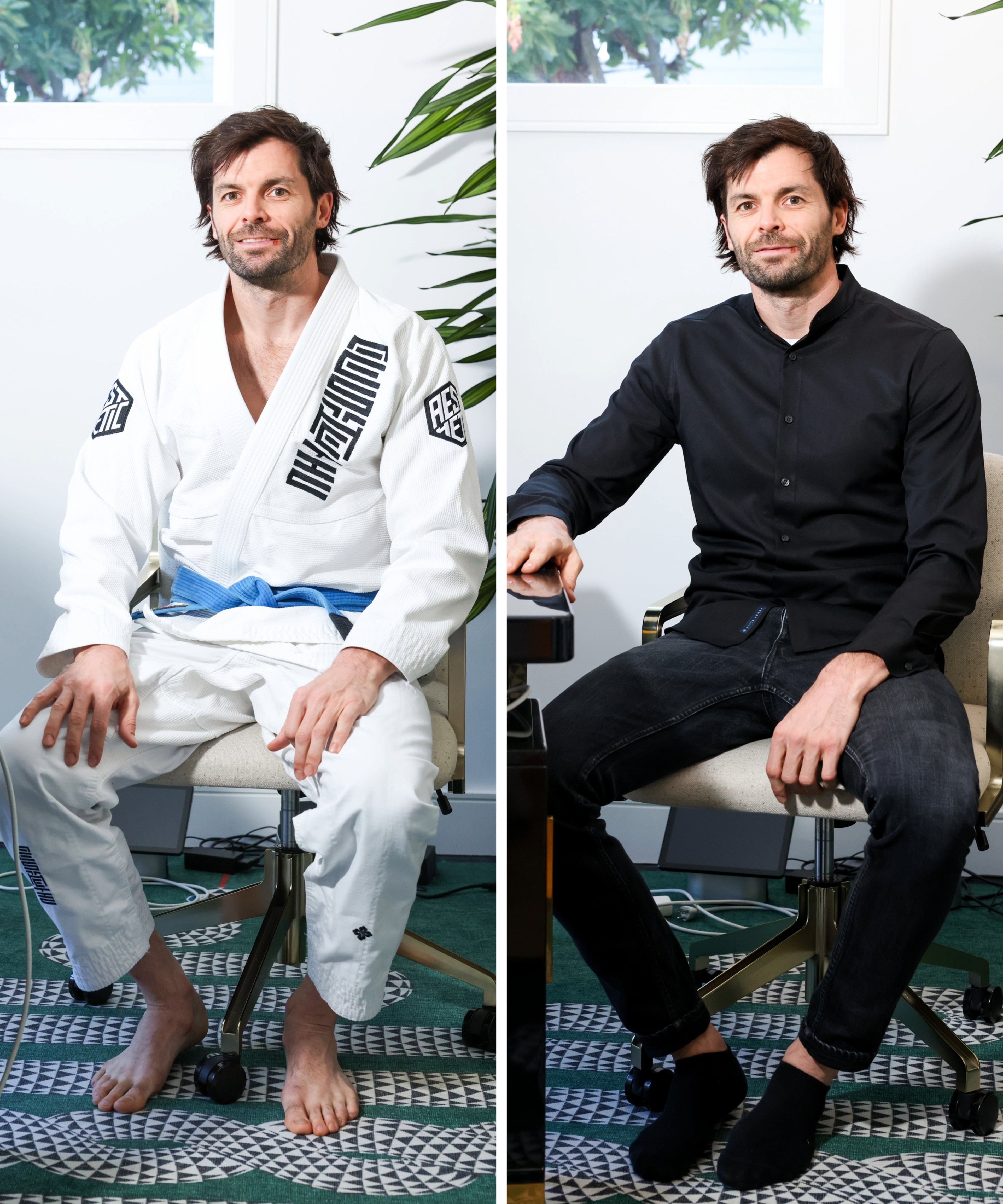 The image shows a man sitting, split in two parts: on the left in a Brazilian jiu-jitsu gi with a blue belt, and on the right in a black shirt and jeans.