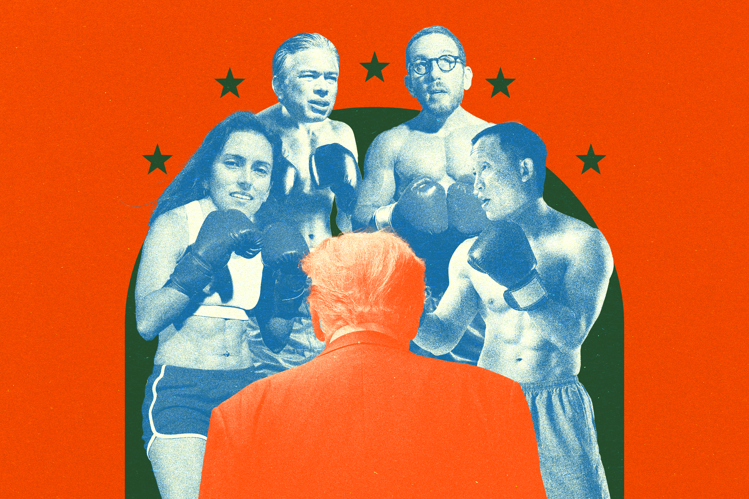 A person with prominent hair, seen from behind in a red jacket, faces four boxers with blue-toned skin. The background is orange with five stars.