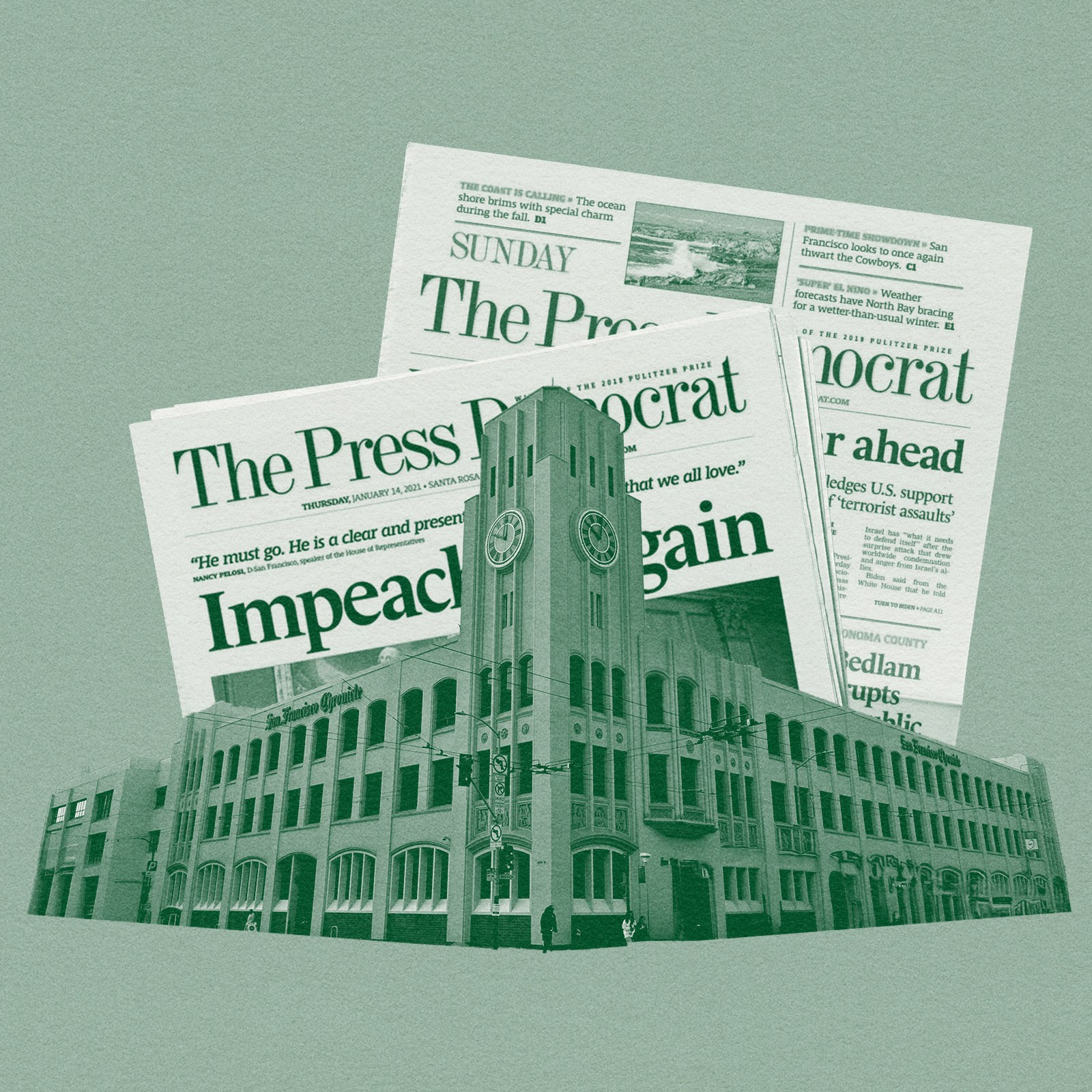 The image shows a building with newspapers overlaying it. The papers have bold headlines, and the overall color scheme is greenish.