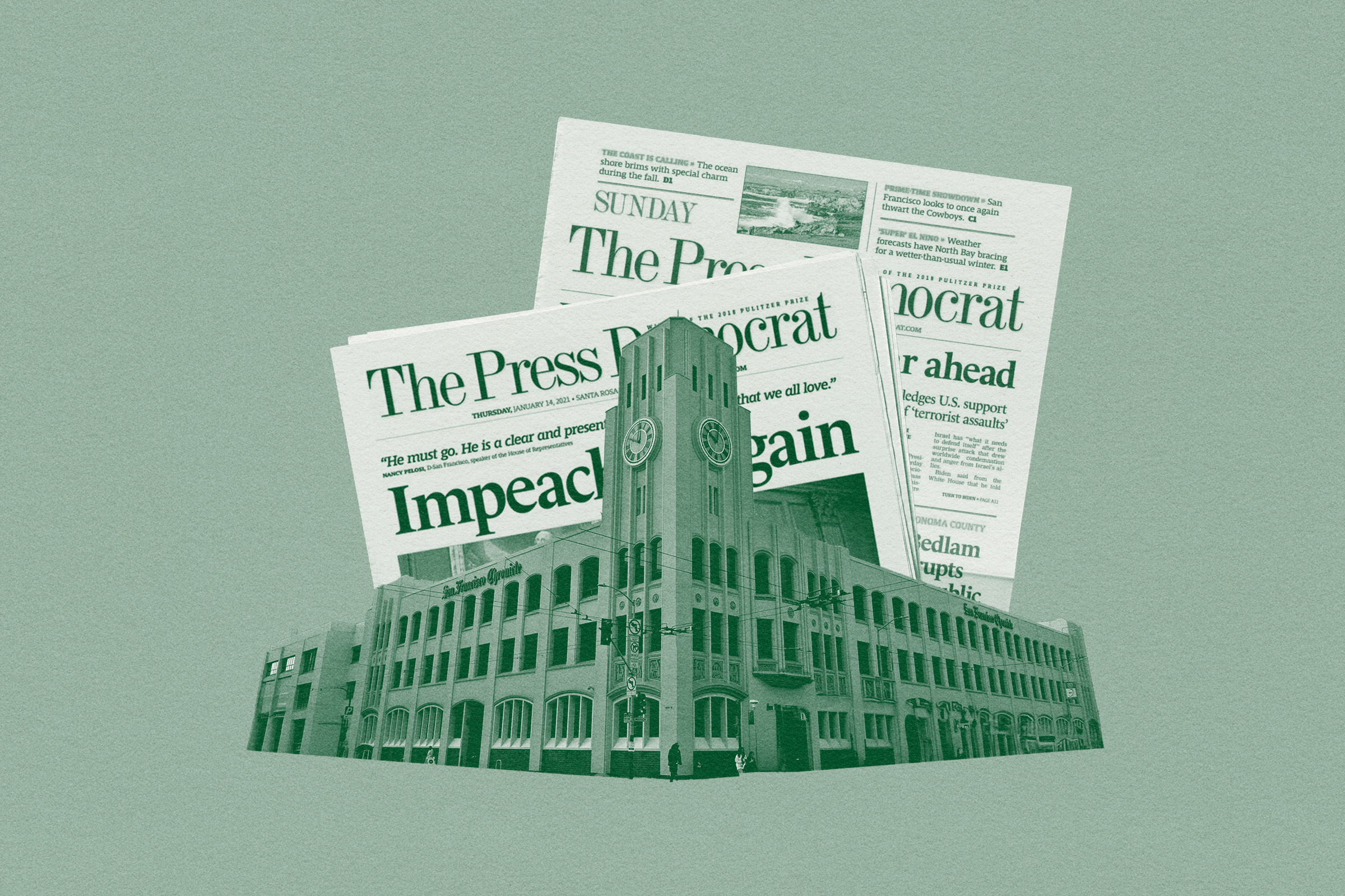 The image shows a building with newspapers overlaying it. The papers have bold headlines, and the overall color scheme is greenish.