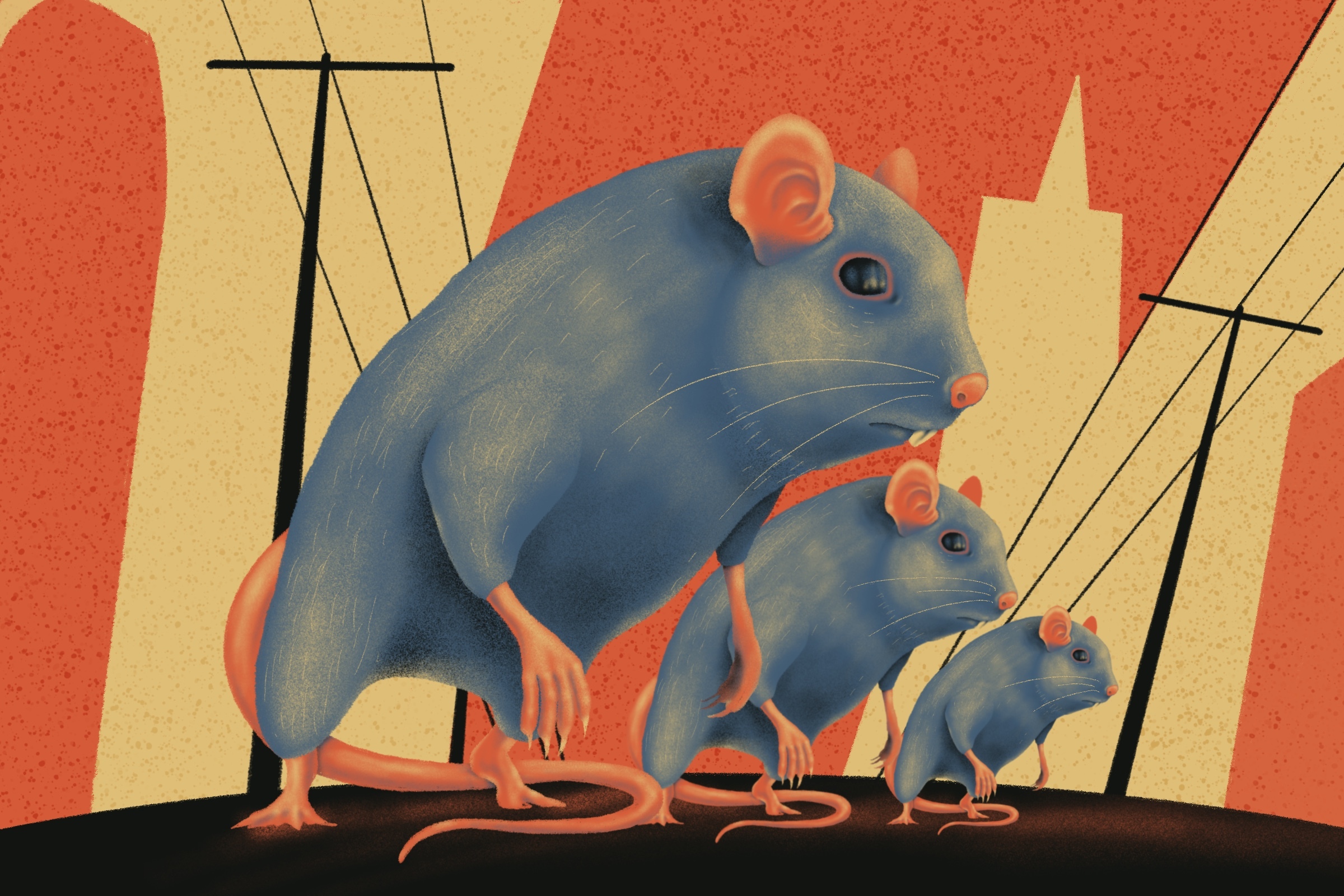 An illustration of 3 rats looking over San Francisco