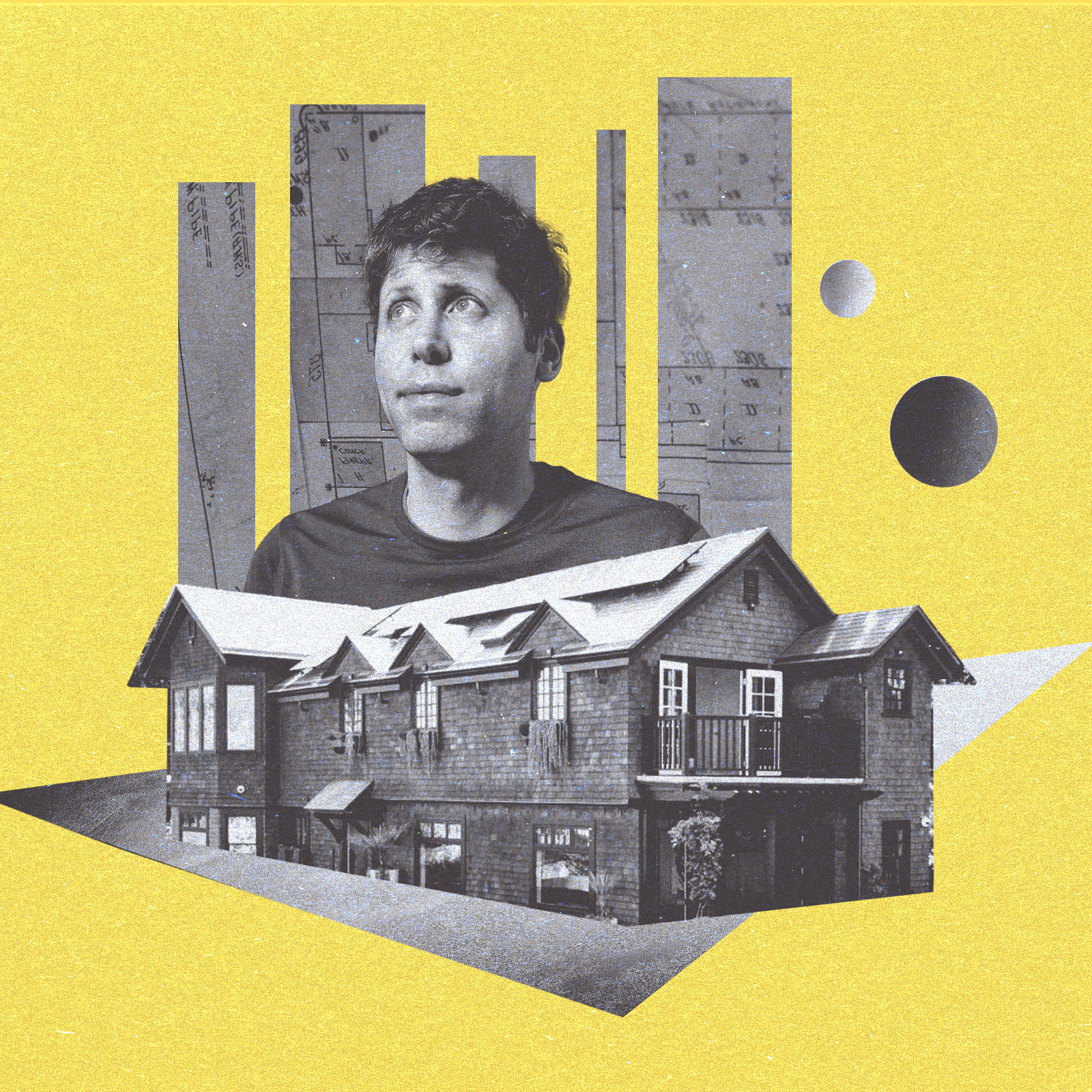 A man looks upward with a thoughtful expression, set against a collage of architectural diagrams and a house, on a yellow background.