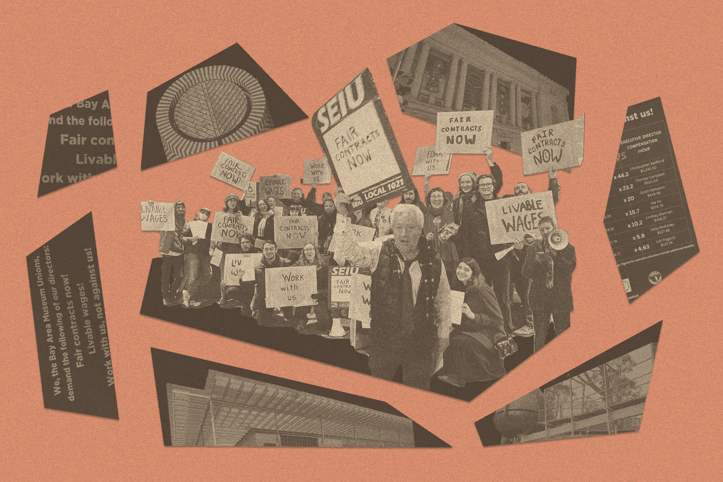 A group of people holds signs demanding fair contracts and livable wages, set against a collage of protest photos and text fragments on an orange background.