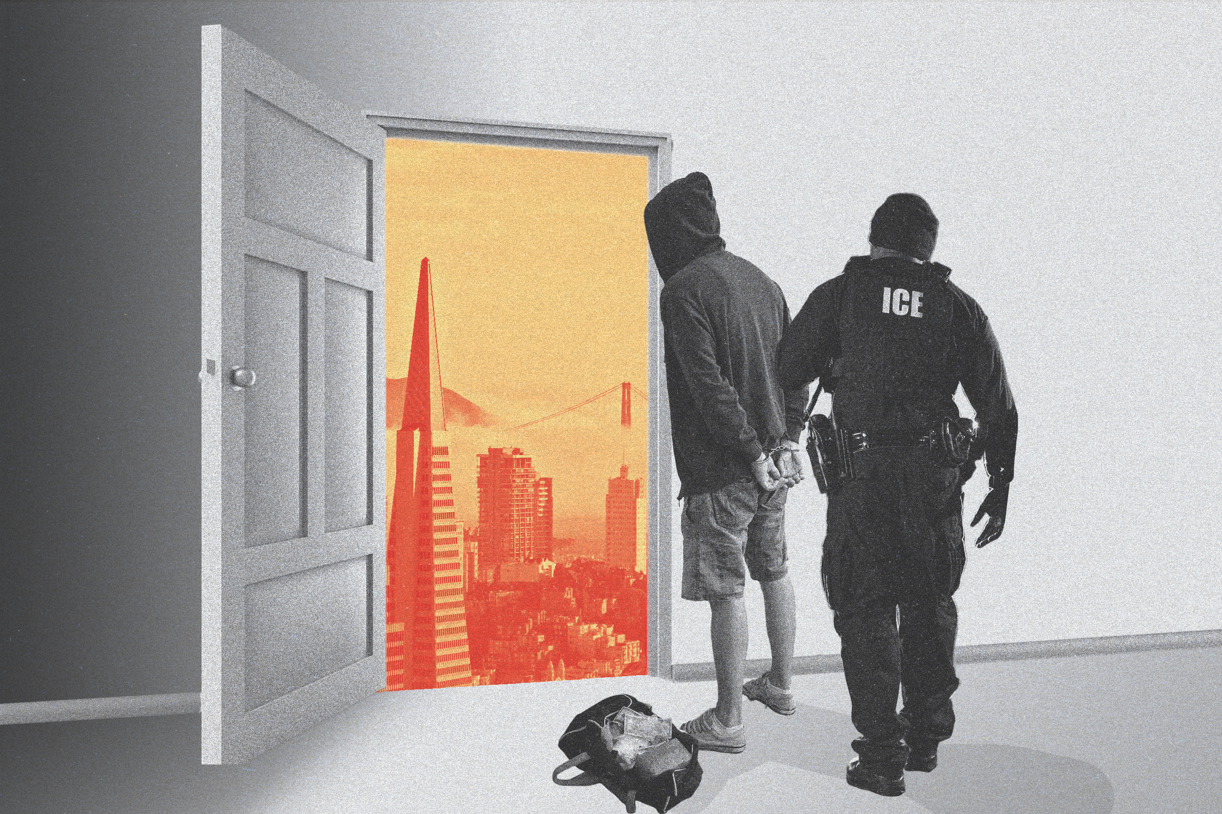 A photo illustration of a man getting arrested