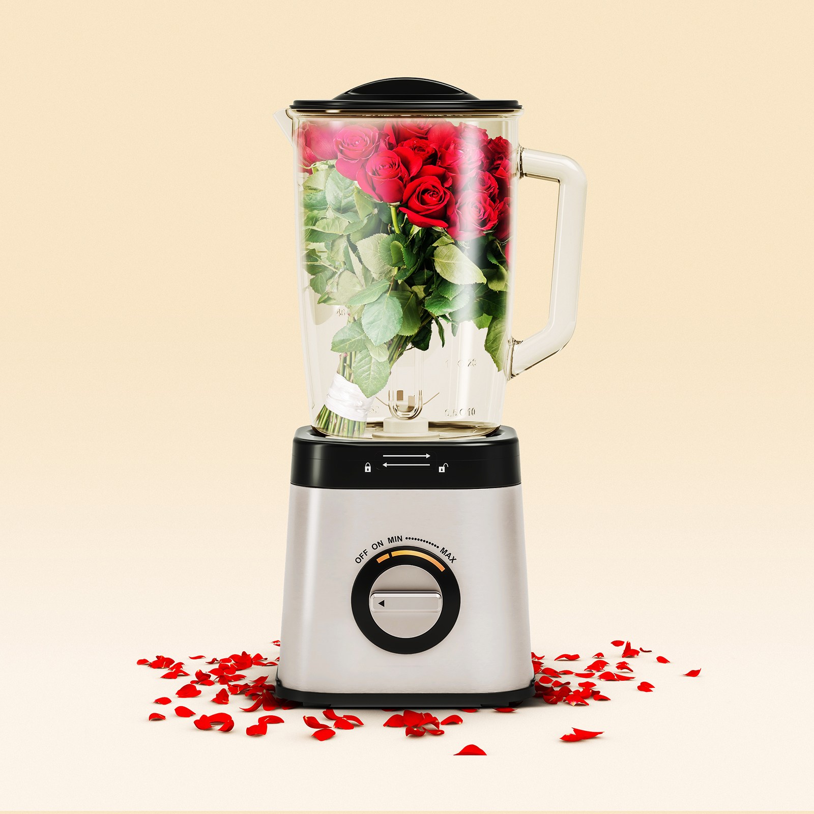 A photo illustration of roses in a blender