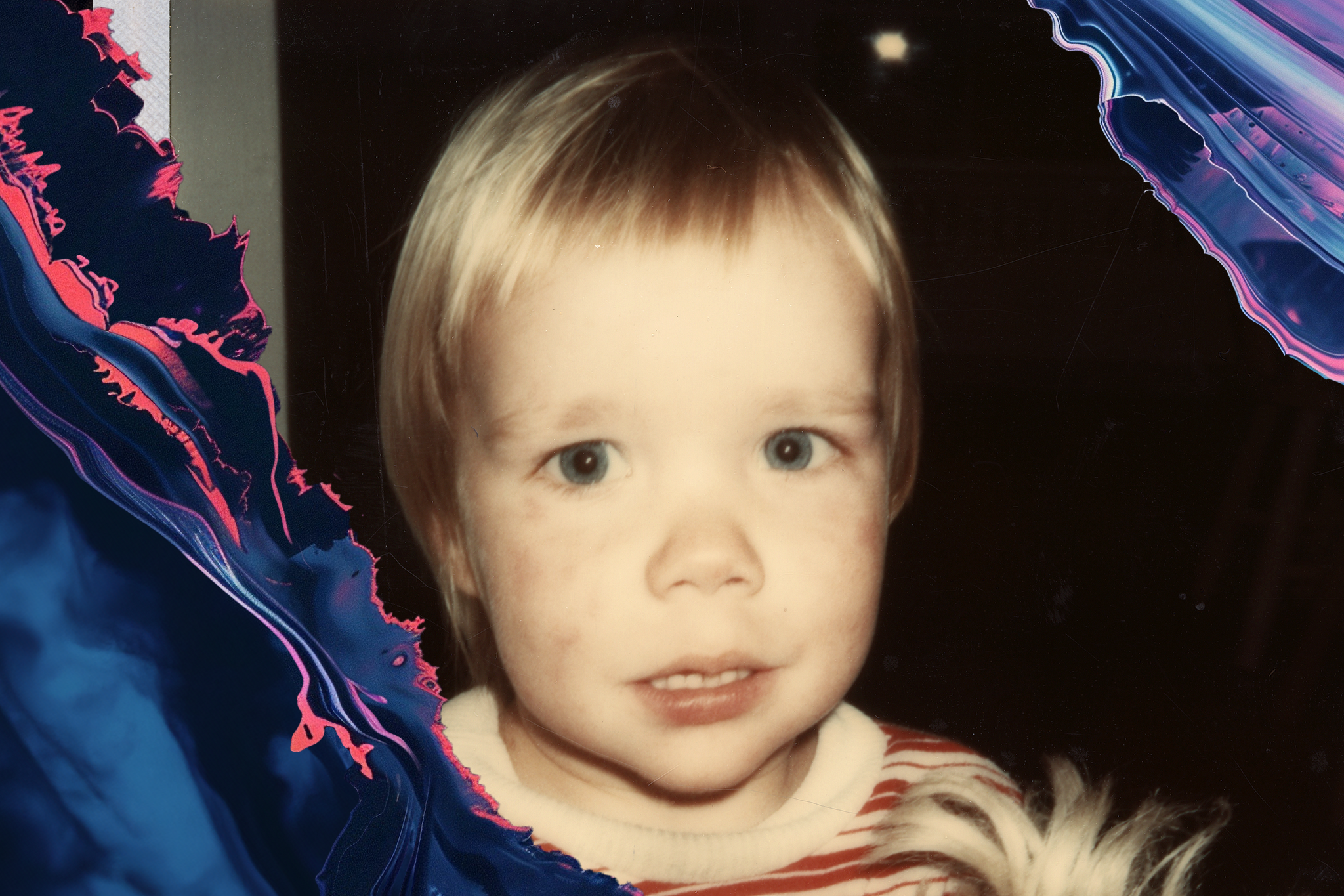 A young child with light hair and blue eyes is shown in a close-up. They wear a striped shirt, and colorful abstract patterns frame the sides of the image.