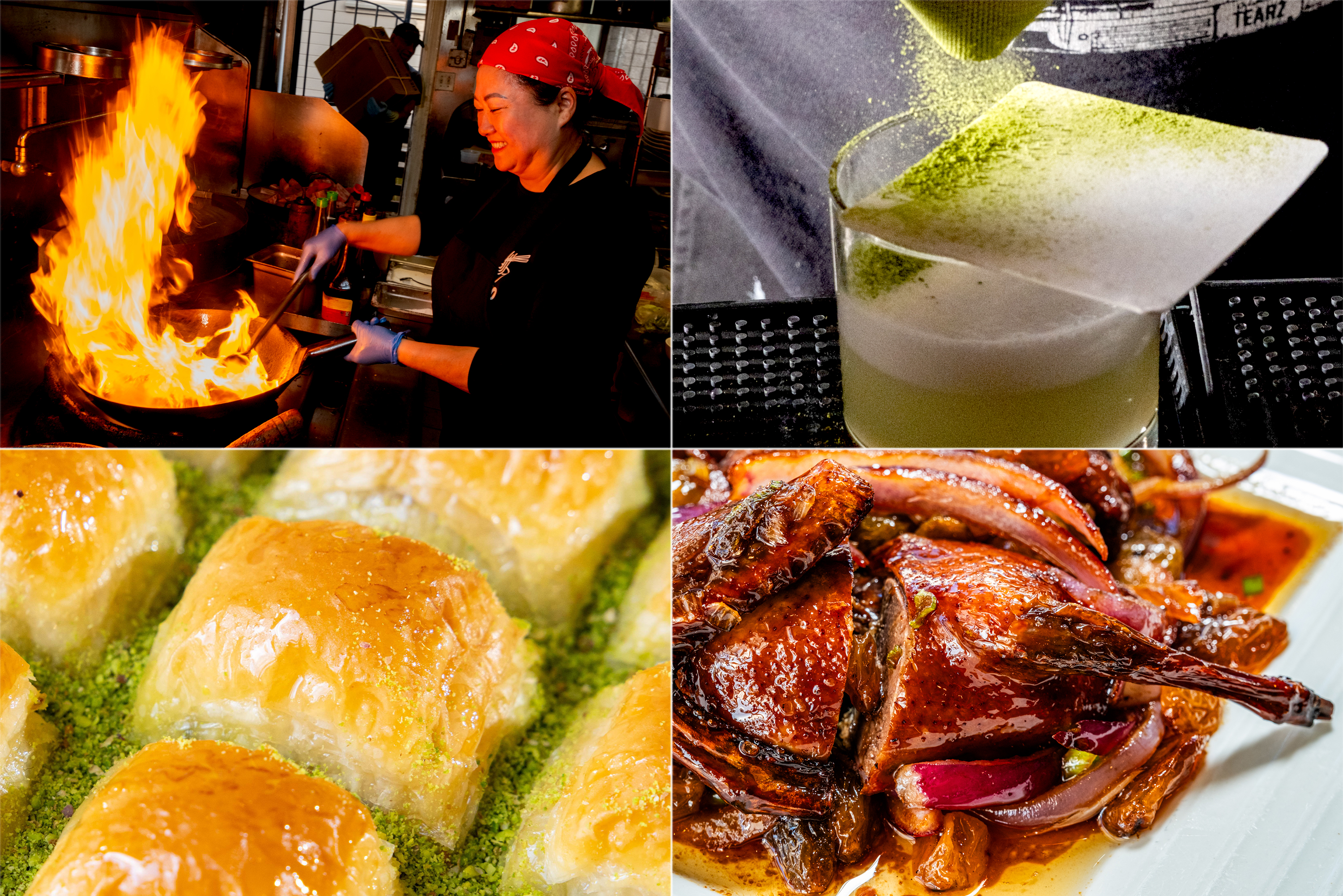 The image is a collage of four photos: a chef cooking with flames, a green-powdered drink with a card on top, shiny baklava, and glazed roasted duck.