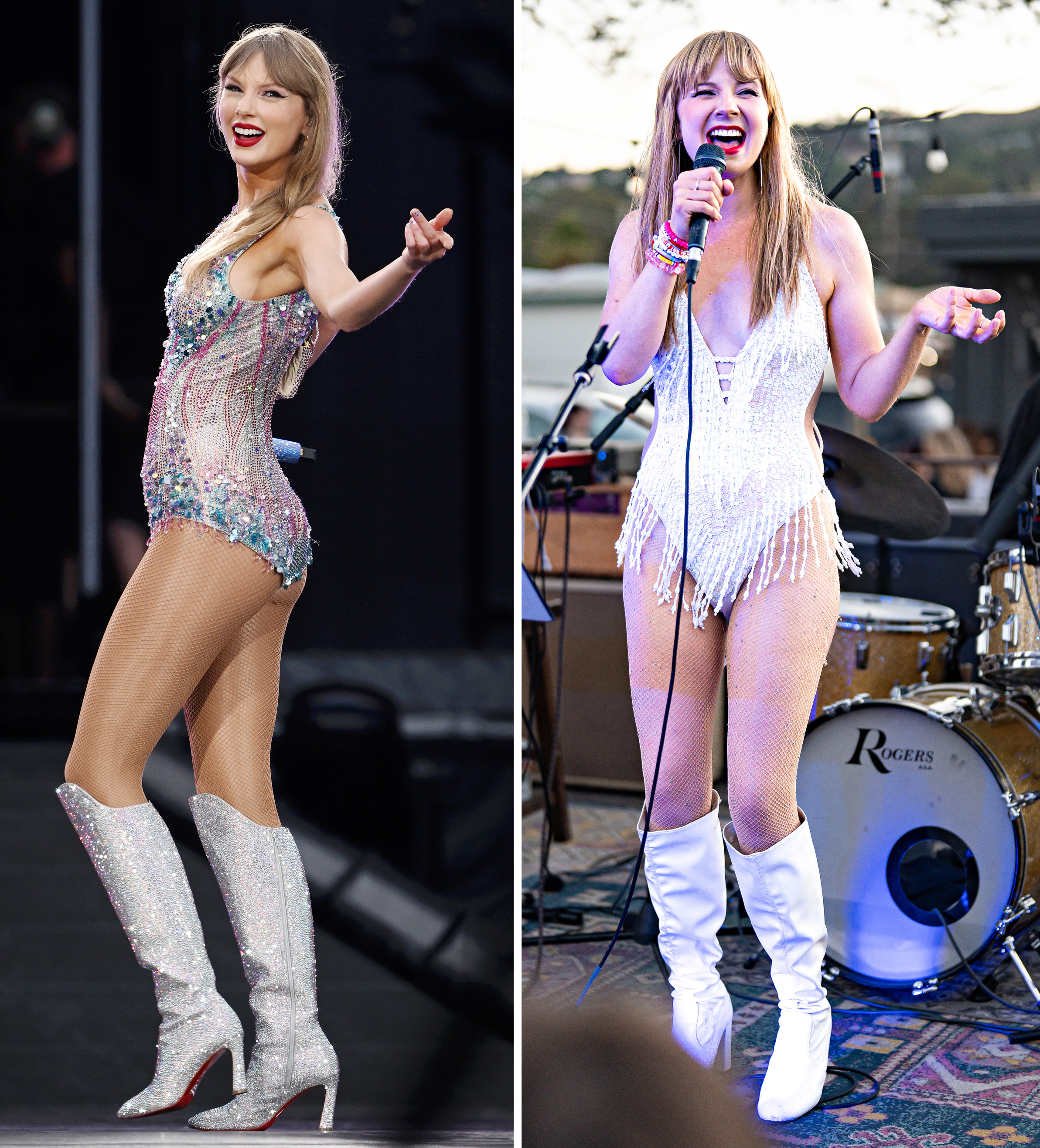 One woman is performing in a sparkling bodysuit with silver boots, the other in a white fringed outfit with white boots, singing into a microphone.