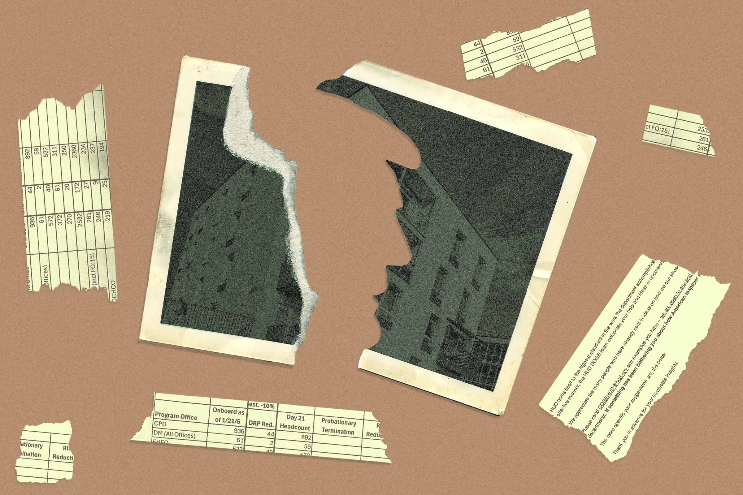 A collage of torn documents and a photograph of a building with the silhouette of Trump.