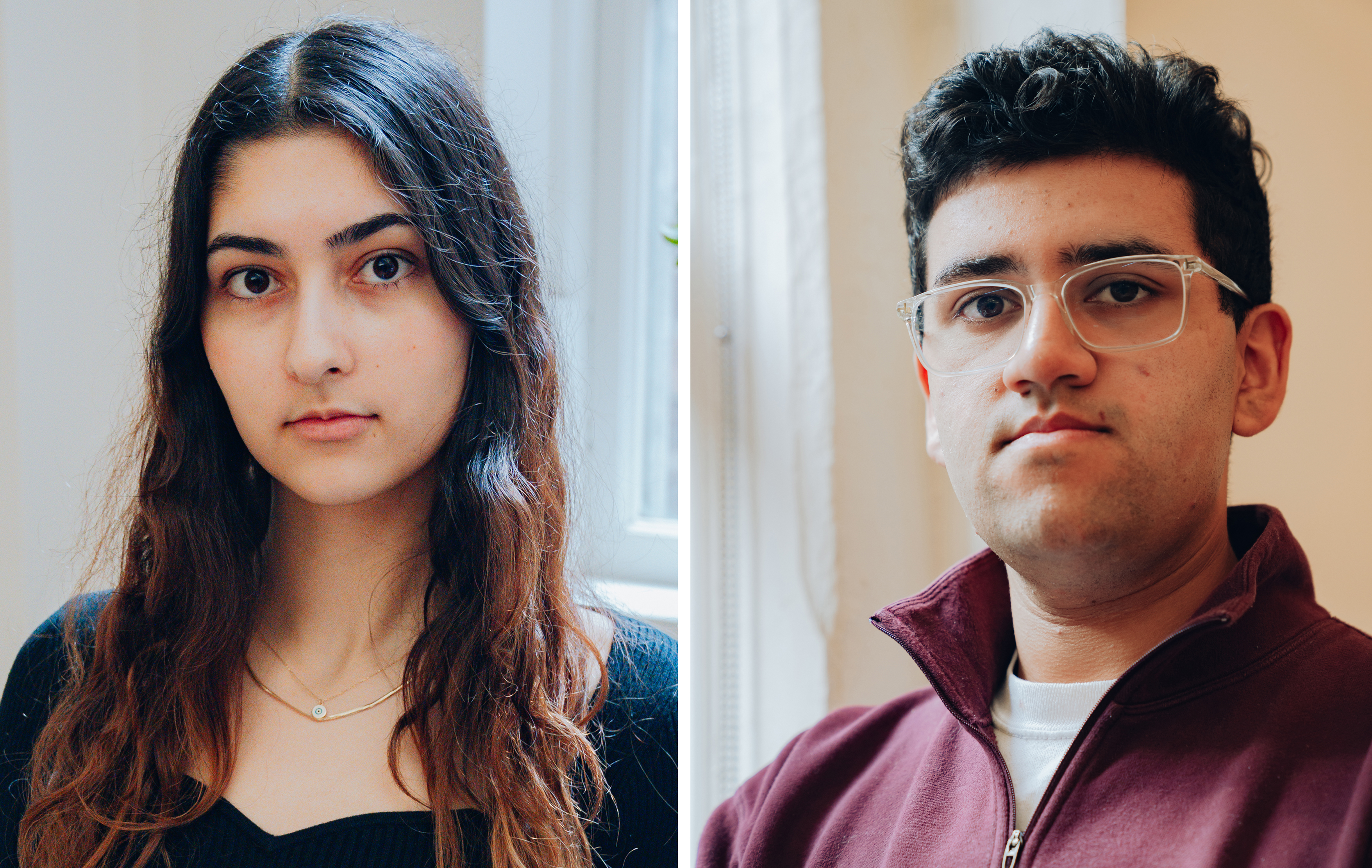 The image shows a woman with long dark hair and a necklace on the left, and a man with short hair, glasses, and a maroon jacket on the right, both in thoughtful poses.