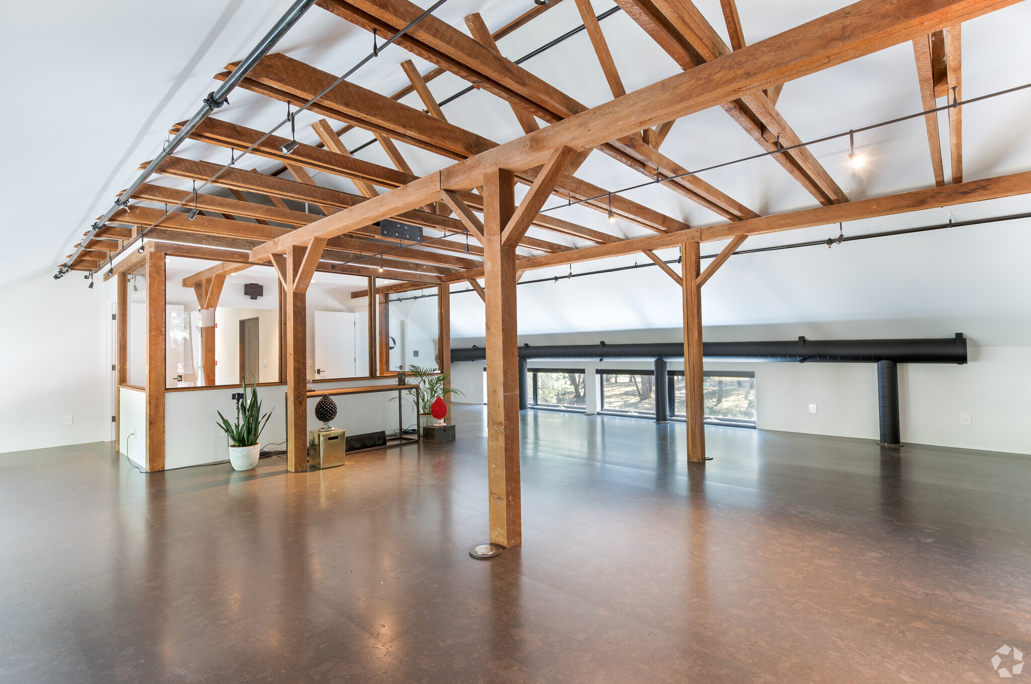 The image shows a spacious room with wooden beams, polished floors, and lots of natural light from large windows. There are a few potted plants scattered around.