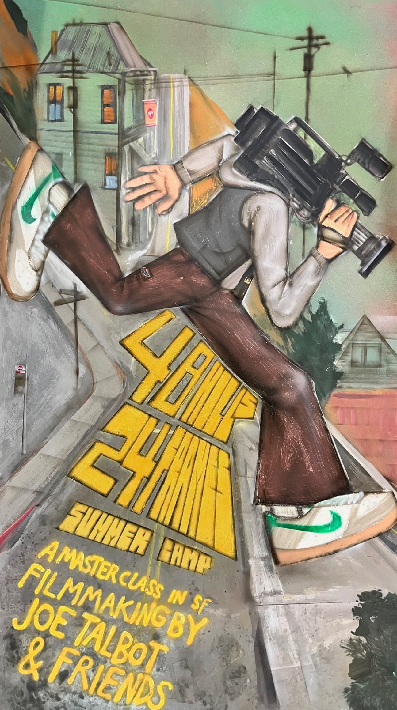 A cartoon figure with a camera runs uphill in a cityscape. Bold yellow text reads &quot;48 Miles, 24 Frames, Summer Camp,&quot; promoting a filmmaking masterclass.