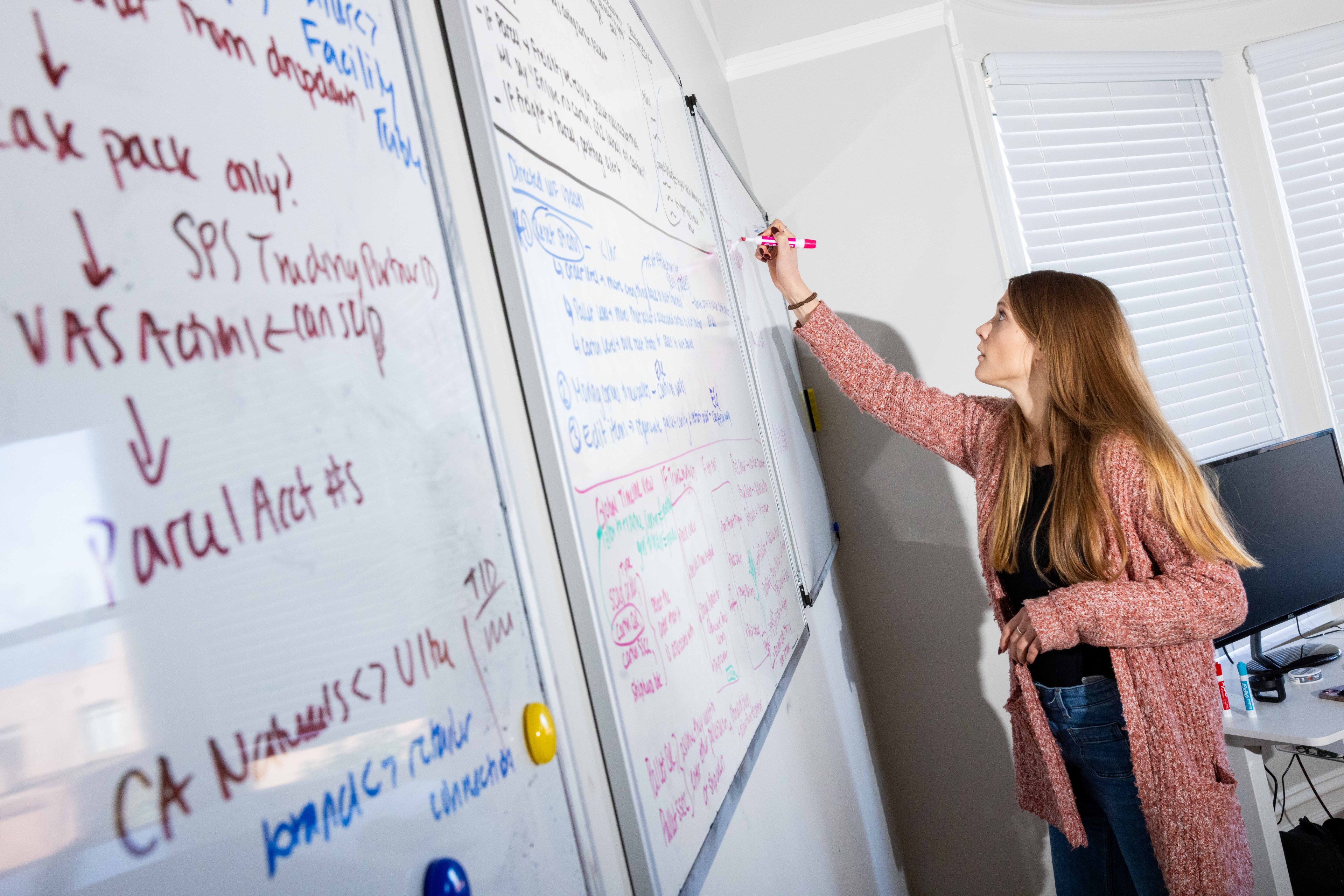 A woman in a pink cardigan writes on a whiteboard filled with colorful text. She's in a bright room with windows and a desk with office supplies nearby.