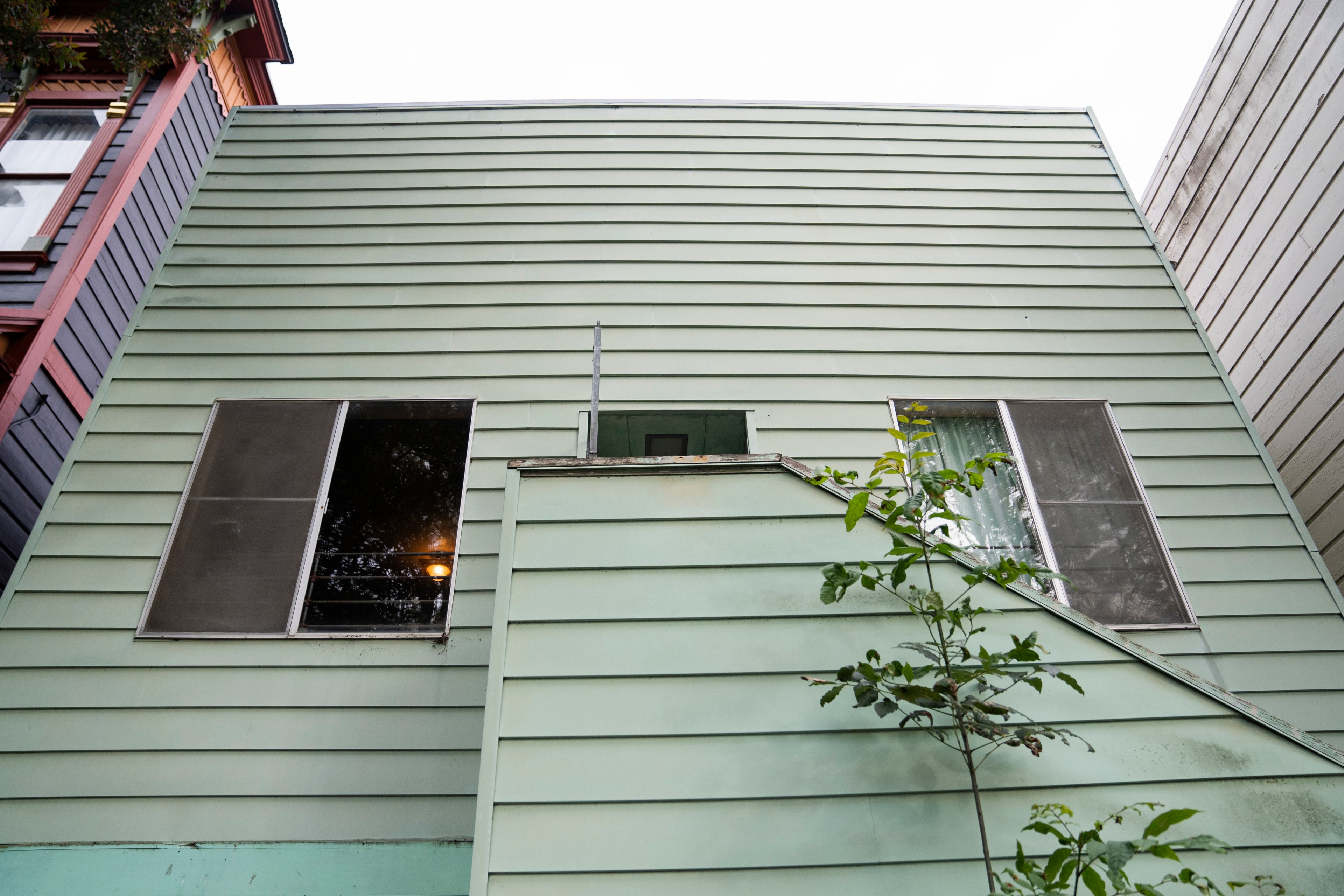 The image shows a light green clapboard house with two large windows, a small balcony area, and a young tree growing in front. It has adjacent houses on both sides.