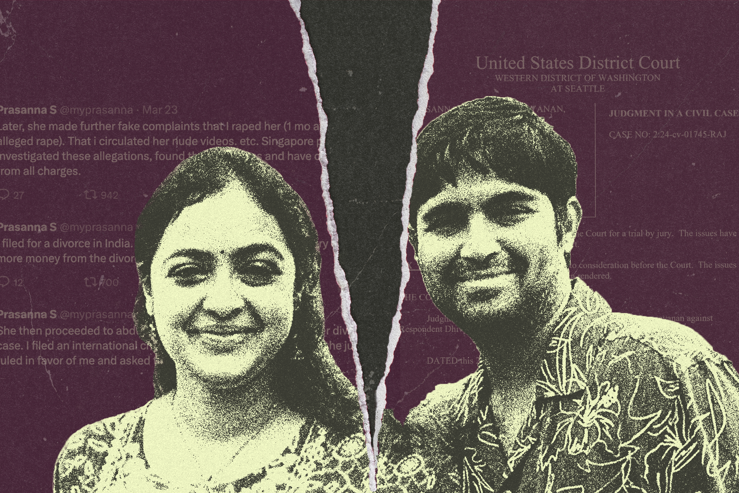 The image shows a torn photo of a smiling woman and man against a backdrop of legal documents and social media text, suggesting a story of conflict.