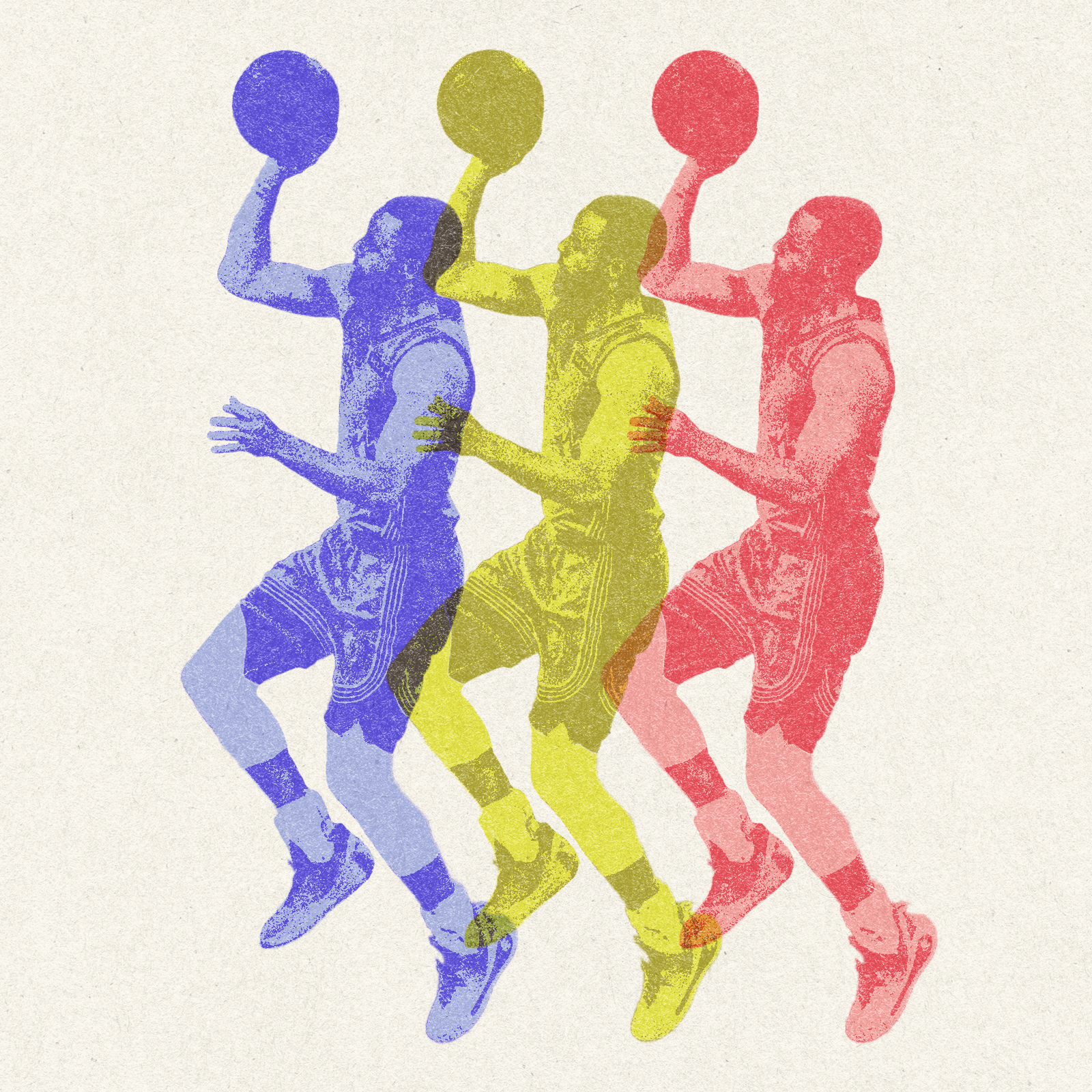 The image shows a stylized triple exposure of a basketball player in motion, capturing a layup. The images are colored blue, yellow, and red.