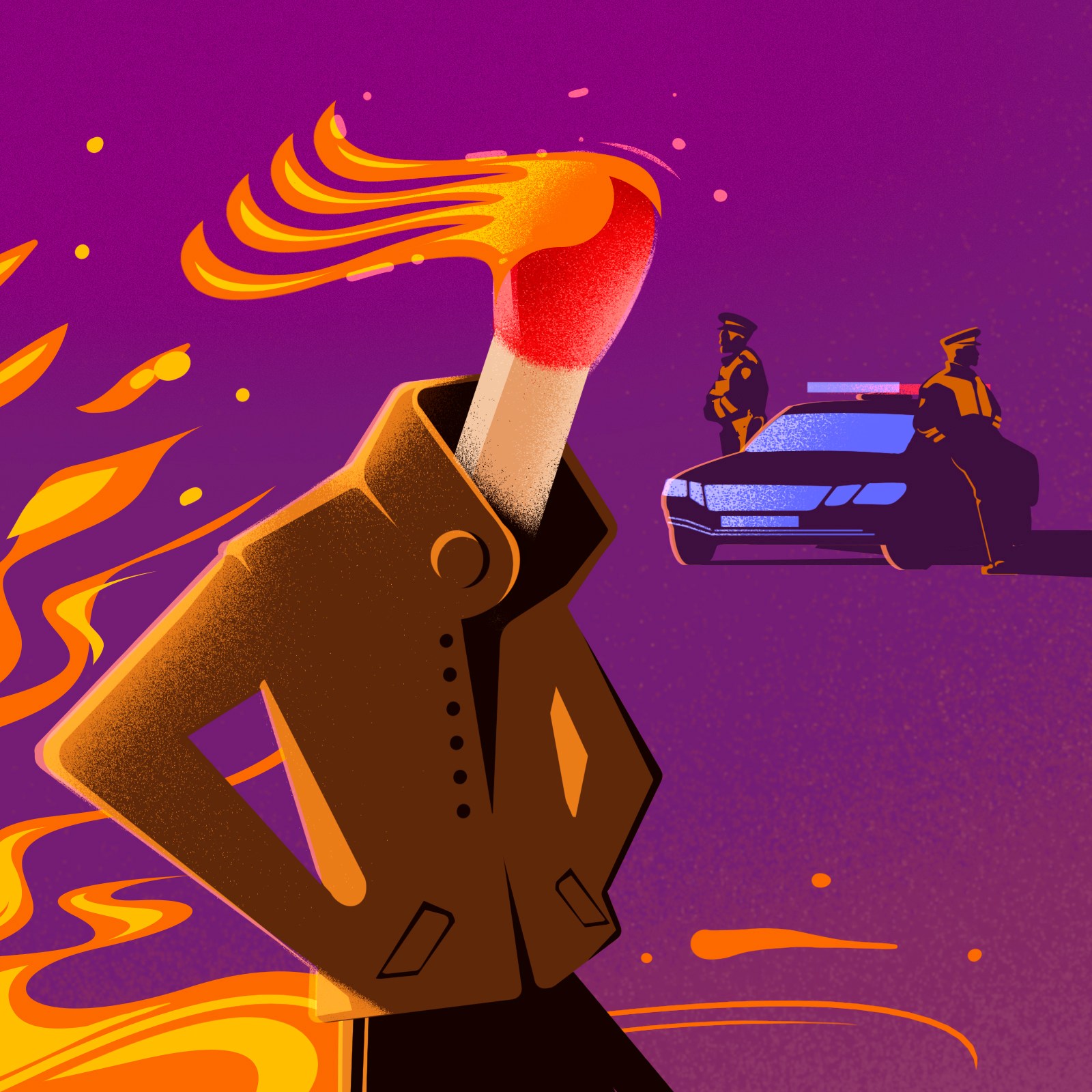 An illustration of a man walking with flames behind him