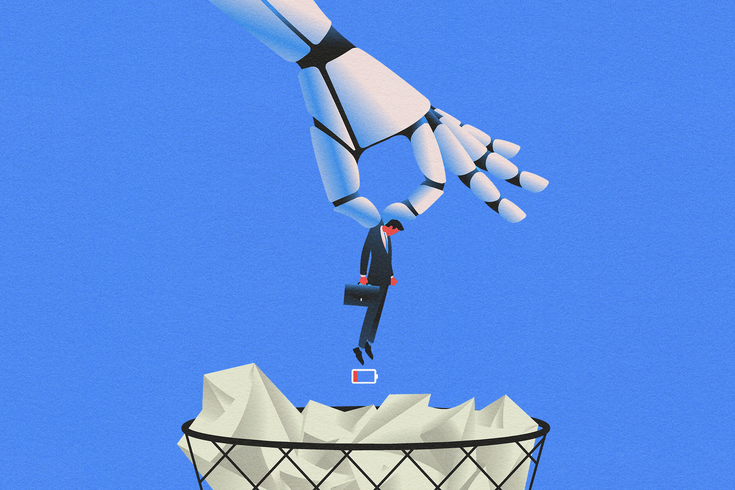 An illustration of a man being picked up and thrown into the trash by a robot hand