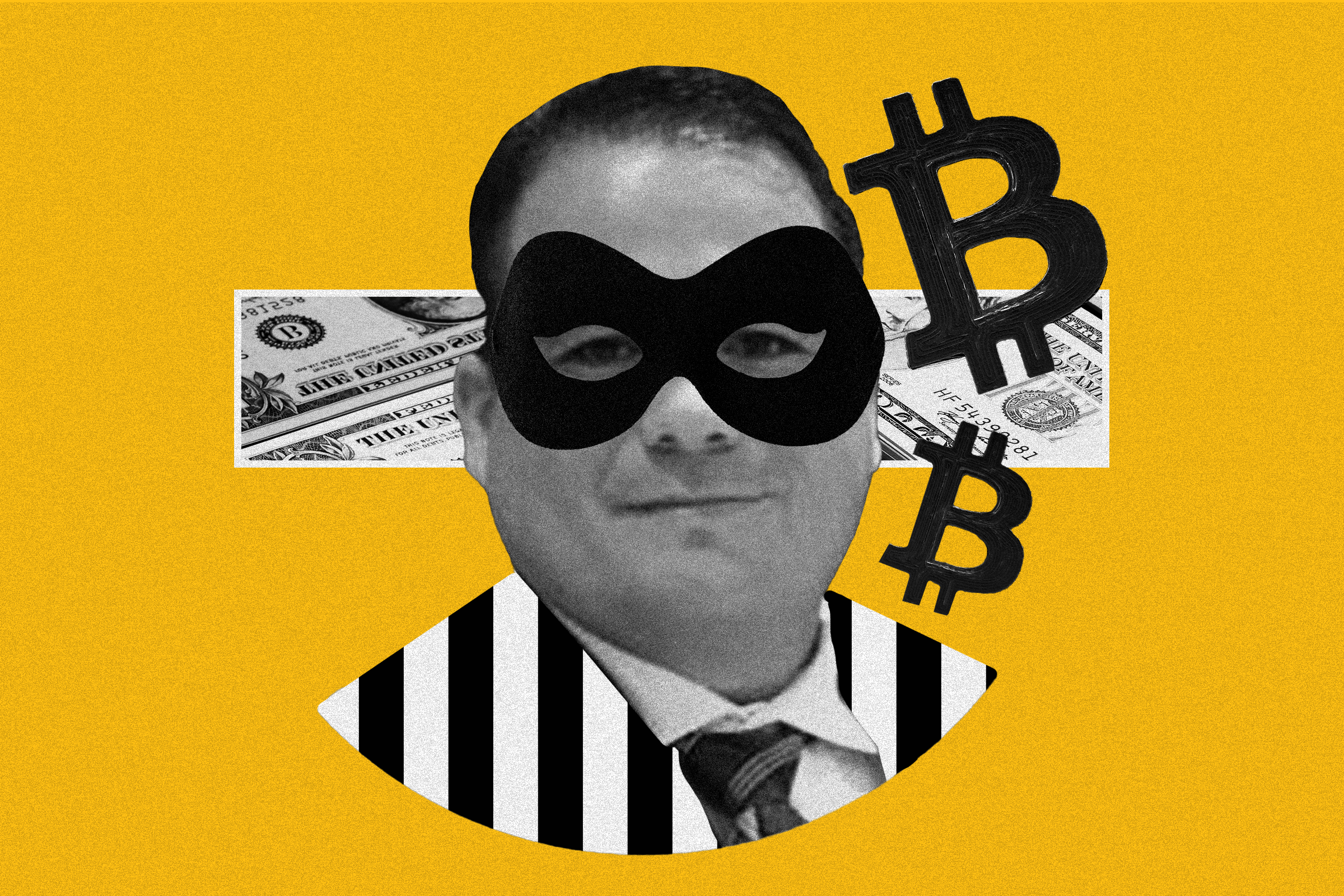 A man wearing a black mask and striped outfit is depicted against a yellow background. Bitcoin symbols and hundred-dollar bills are in the backdrop.