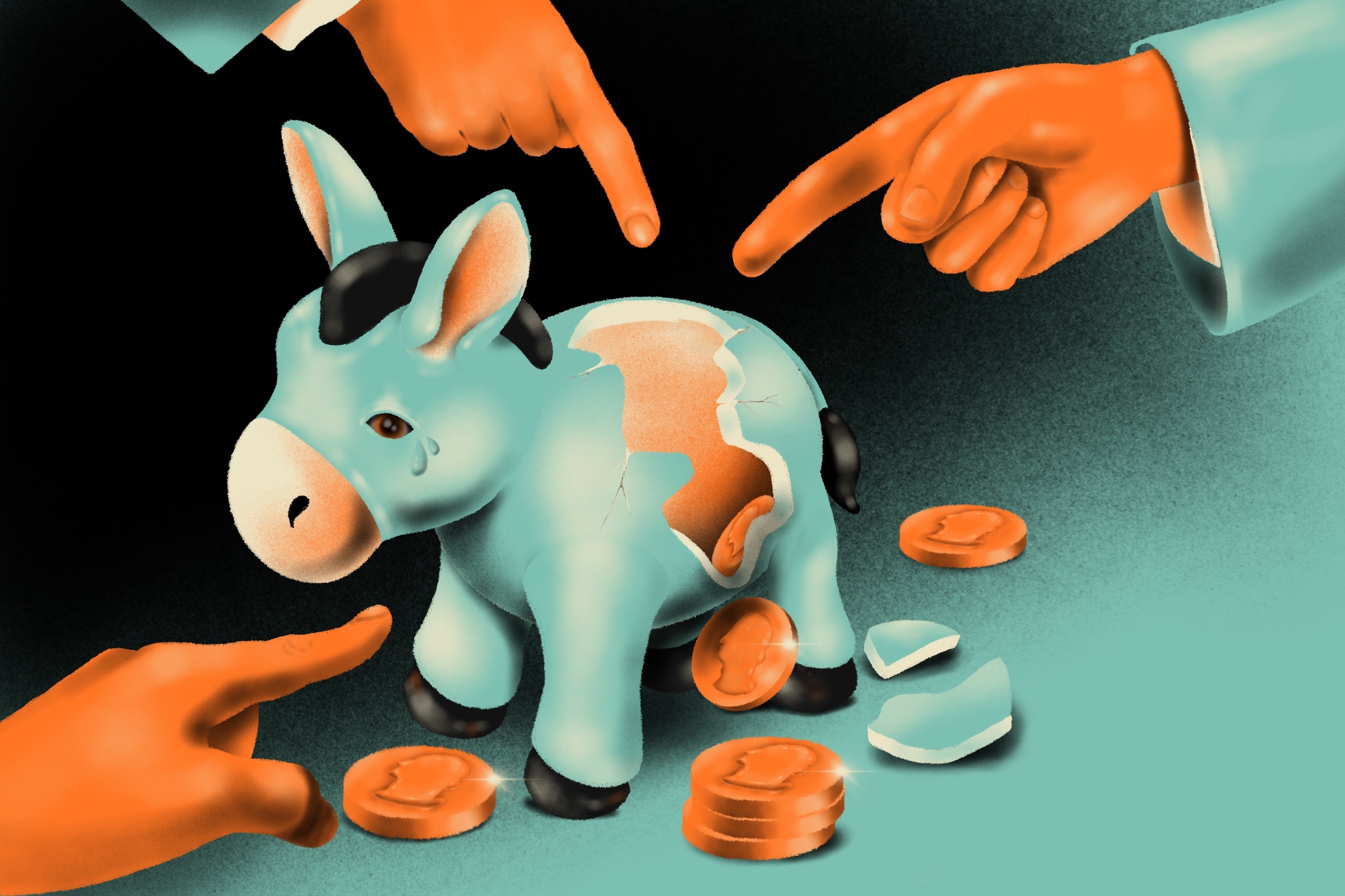 A blue donkey-shaped piggy bank is cracked, spilling coins. Three orange hands point at it accusingly. The donkey has a tear on its face.