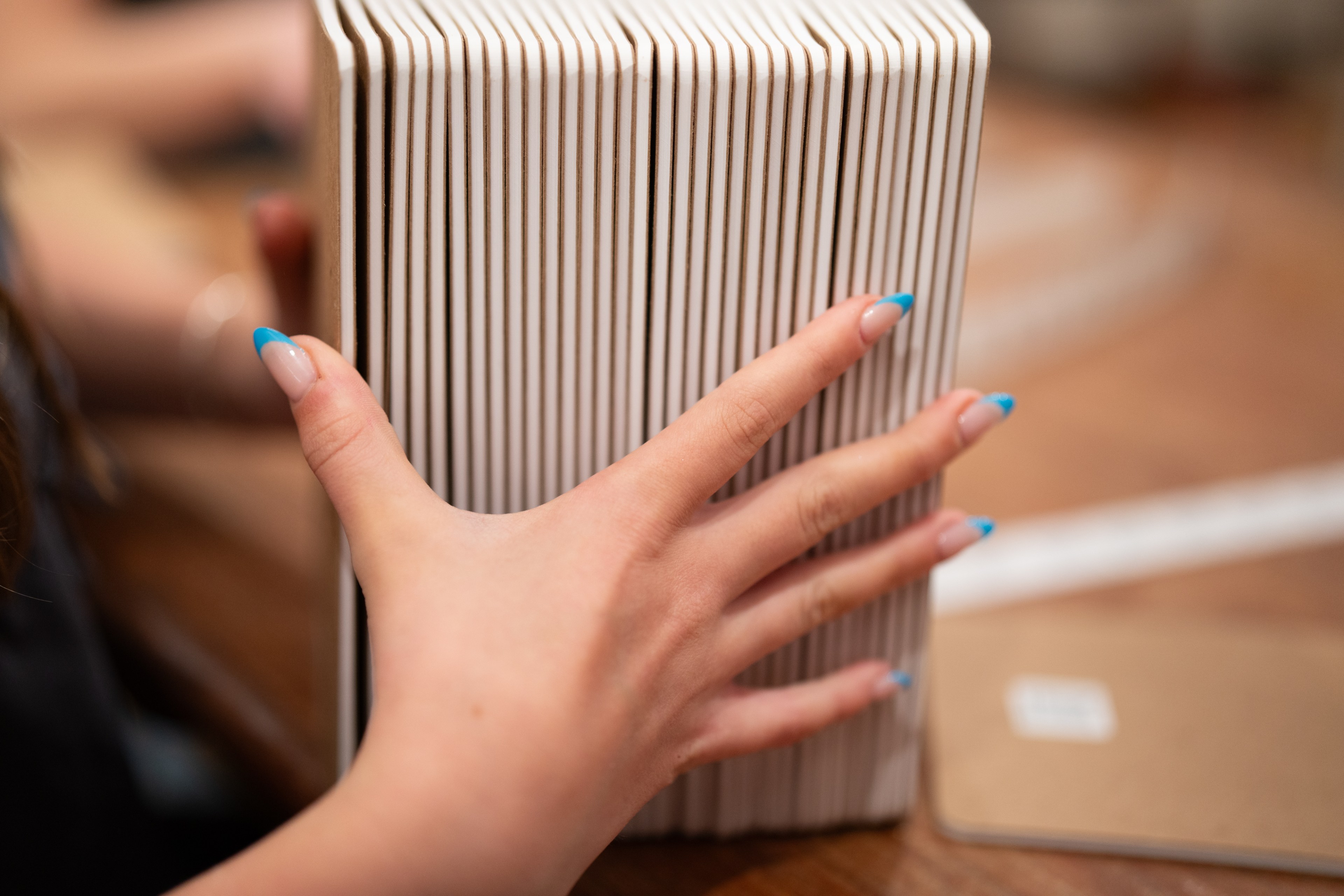 Evening Wiesler holds a stack of blank journals at her home in Bernal Heights on Tuesday, Feb. 18, 2025. The Wieslers have donated 5000 journals to people in California impacted by fires since their own home burned down in 2016.