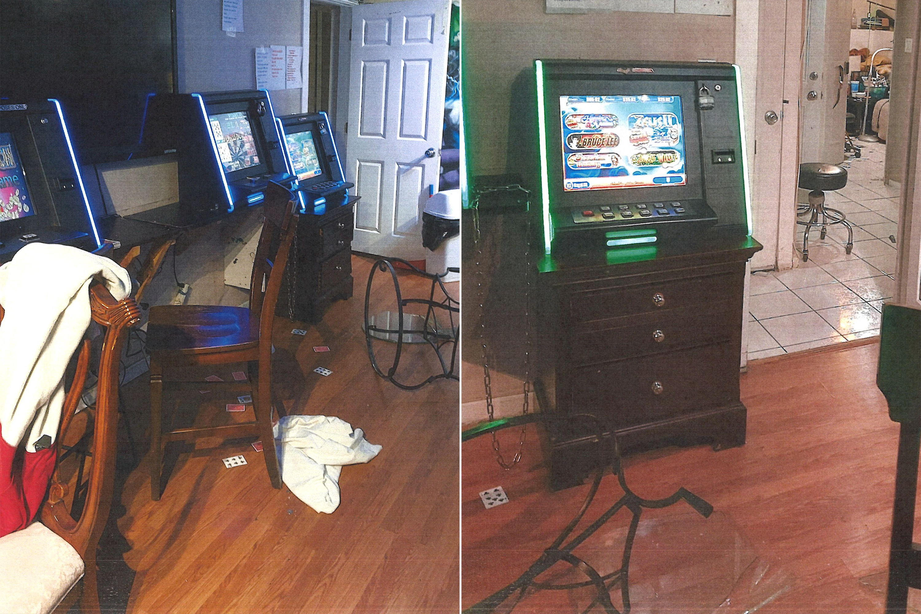 The image shows two scenes with electronic gaming machines in a cluttered room. Chairs, scattered cards, and some tangled wires are visible on a wood floor.