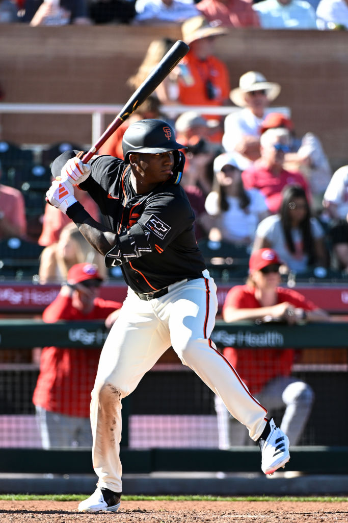 A baseball player in a black uniform and helmet is poised to swing a bat. The background shows spectators in a stadium with blurred colors.