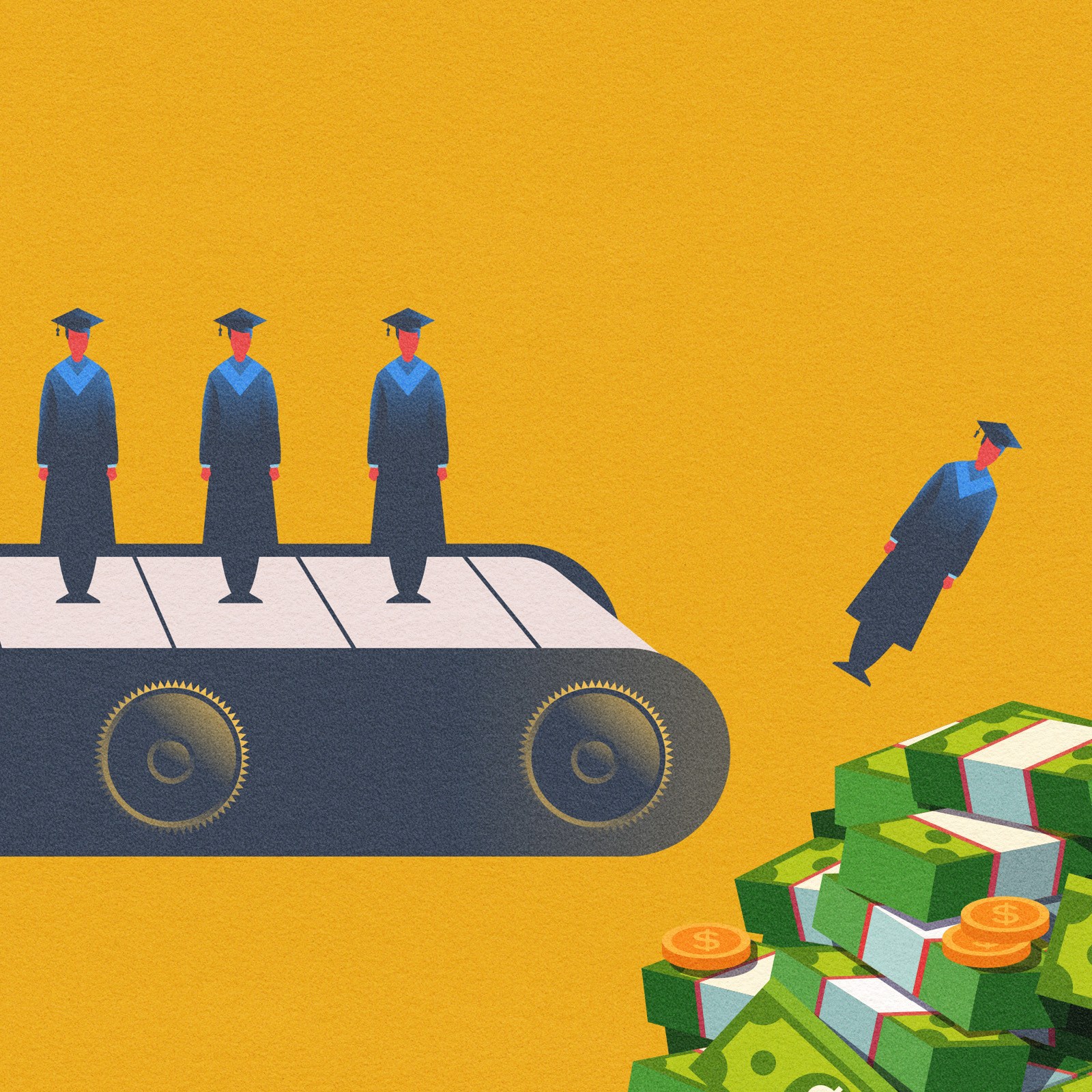 A conveyor belt of graduates landing on a pile of money
