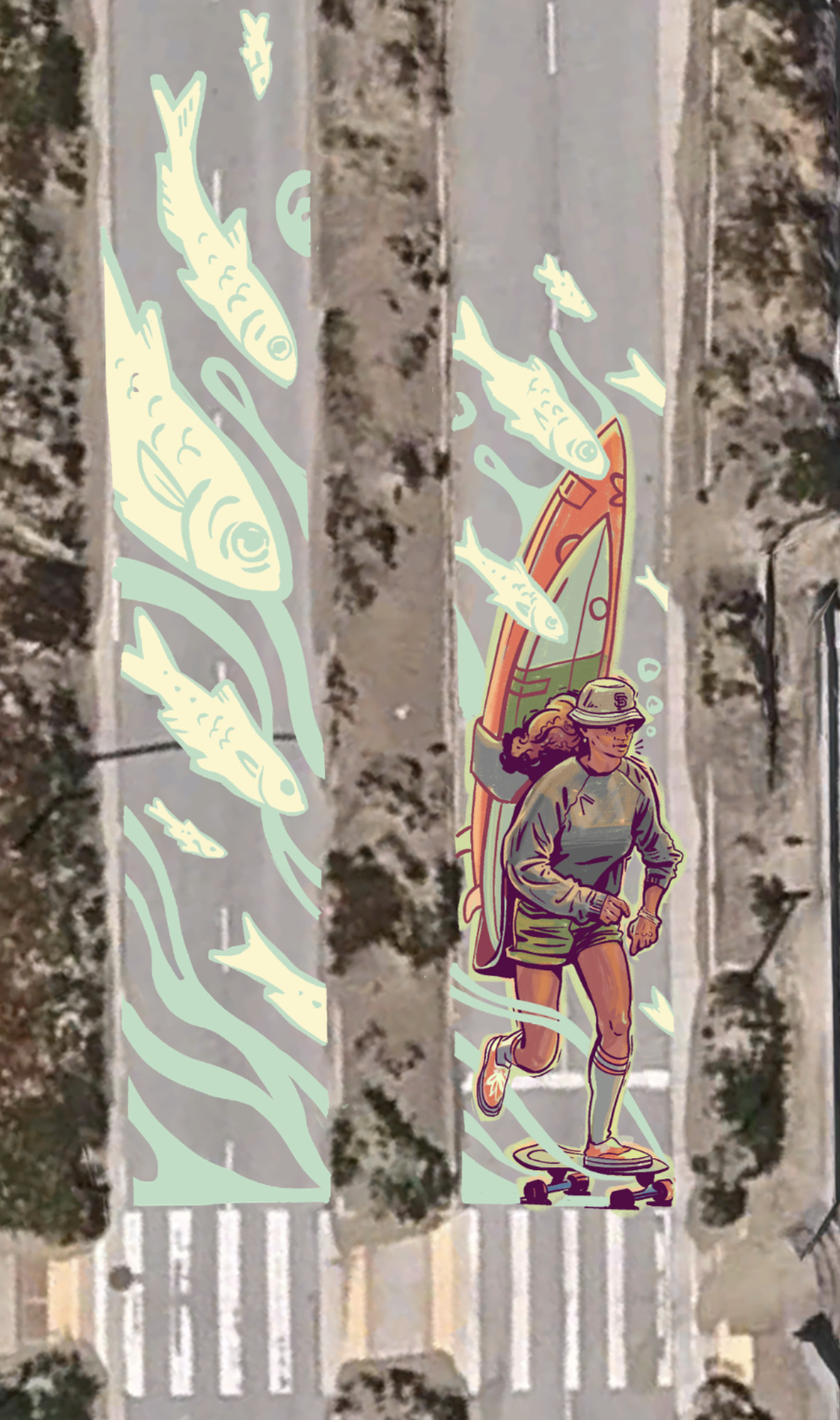 An aerial view shows a large mural on a road depicting a person skateboarding with a surfboard, surrounded by stylized fish and waves.