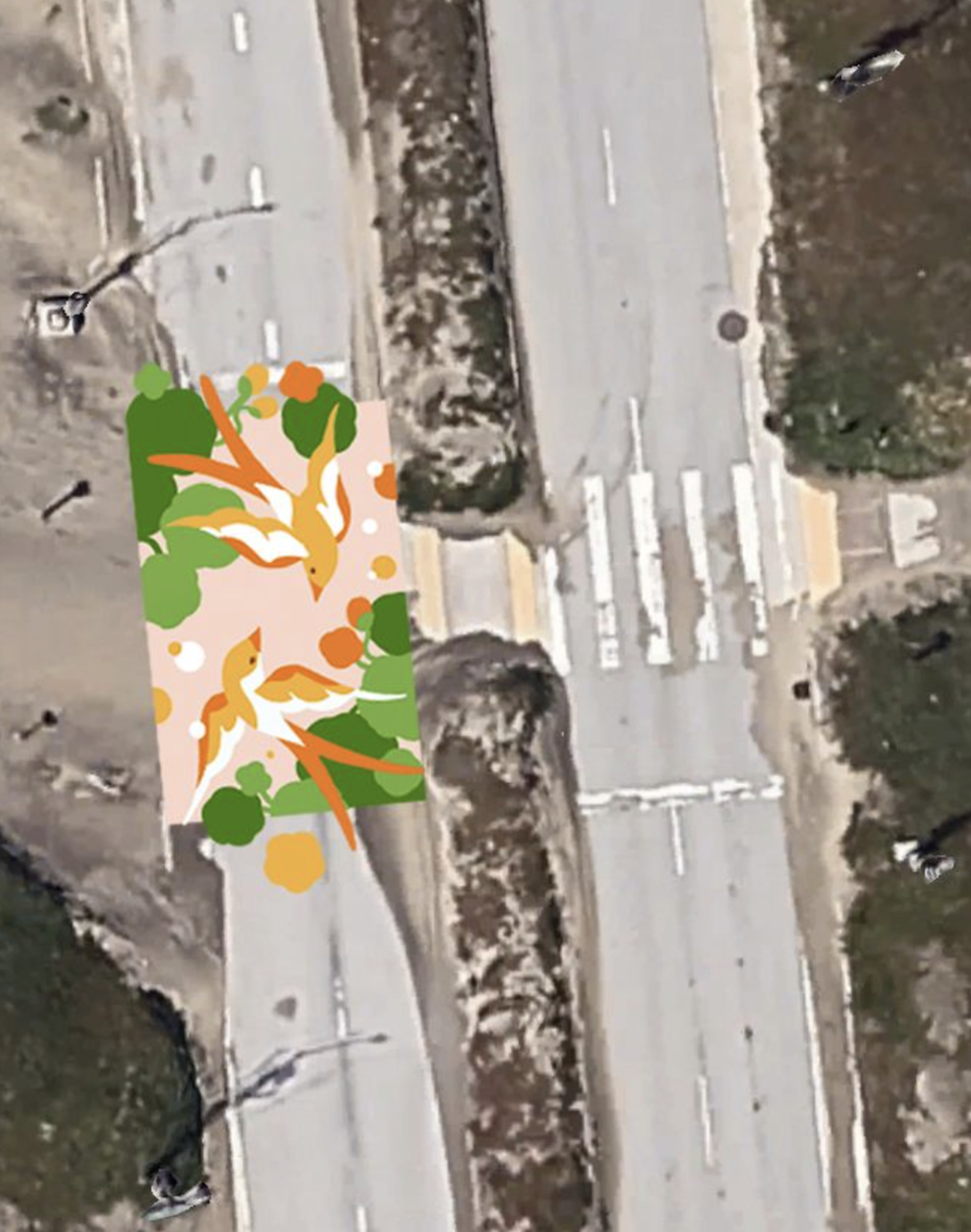 The image shows an overhead view of a road intersection with a colorful abstract mural featuring birds and leaves overlaid on one section.