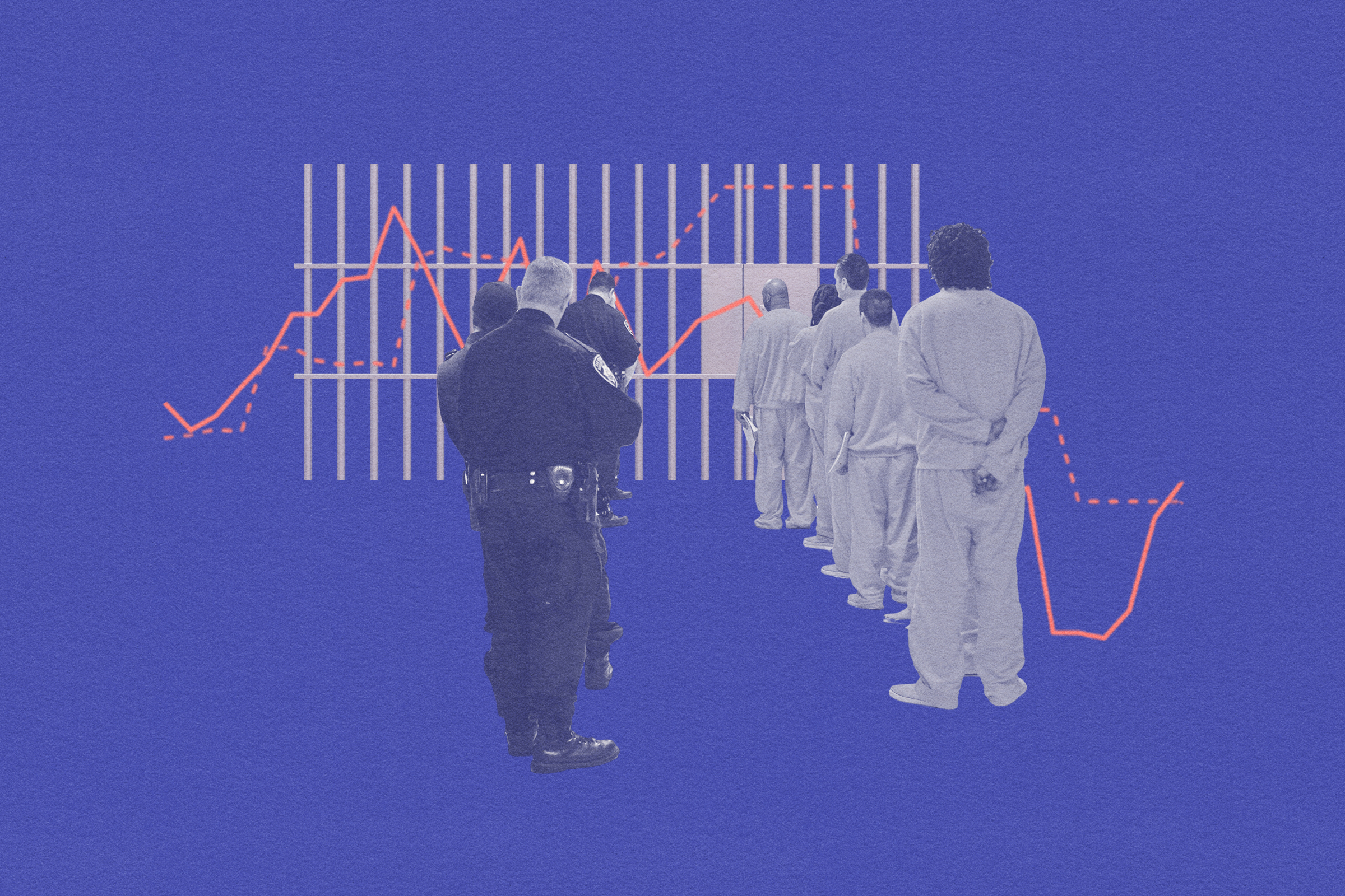 A photo illustration of men walking into a jail