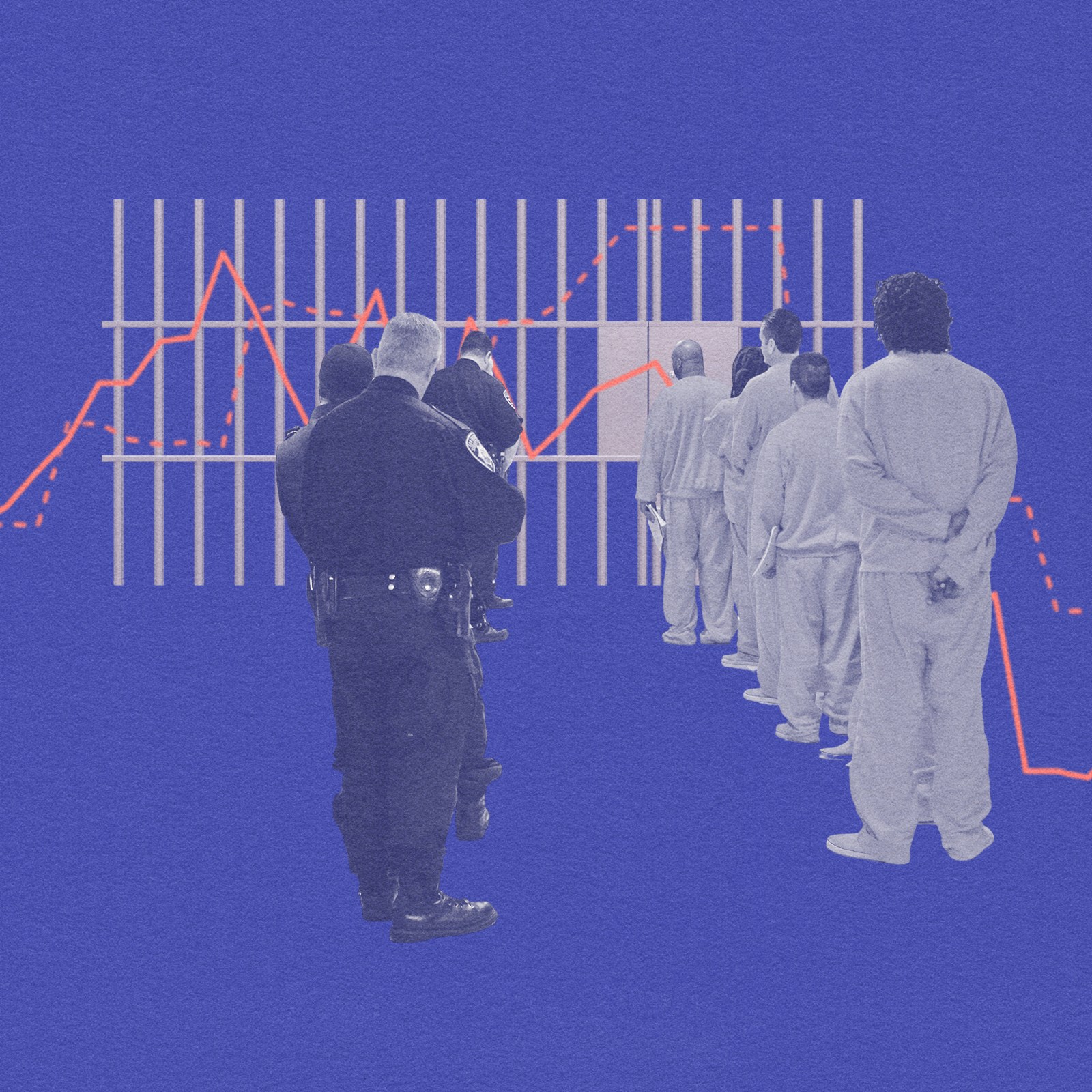 A photo illustration of men walking into a jail