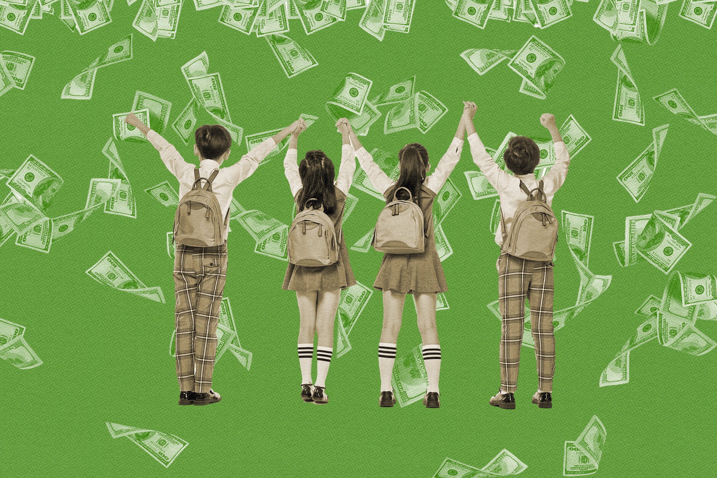 Four children in school clothes with money falling