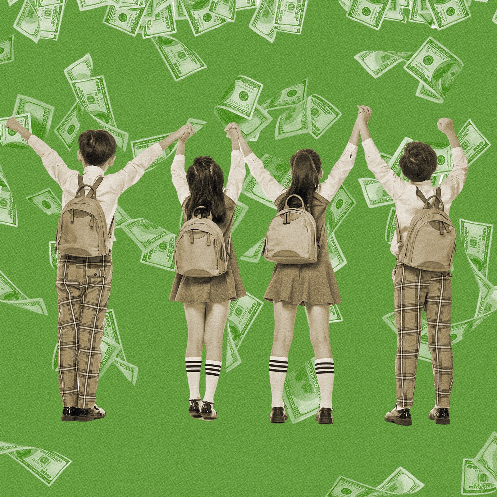 Four children in school clothes with money falling