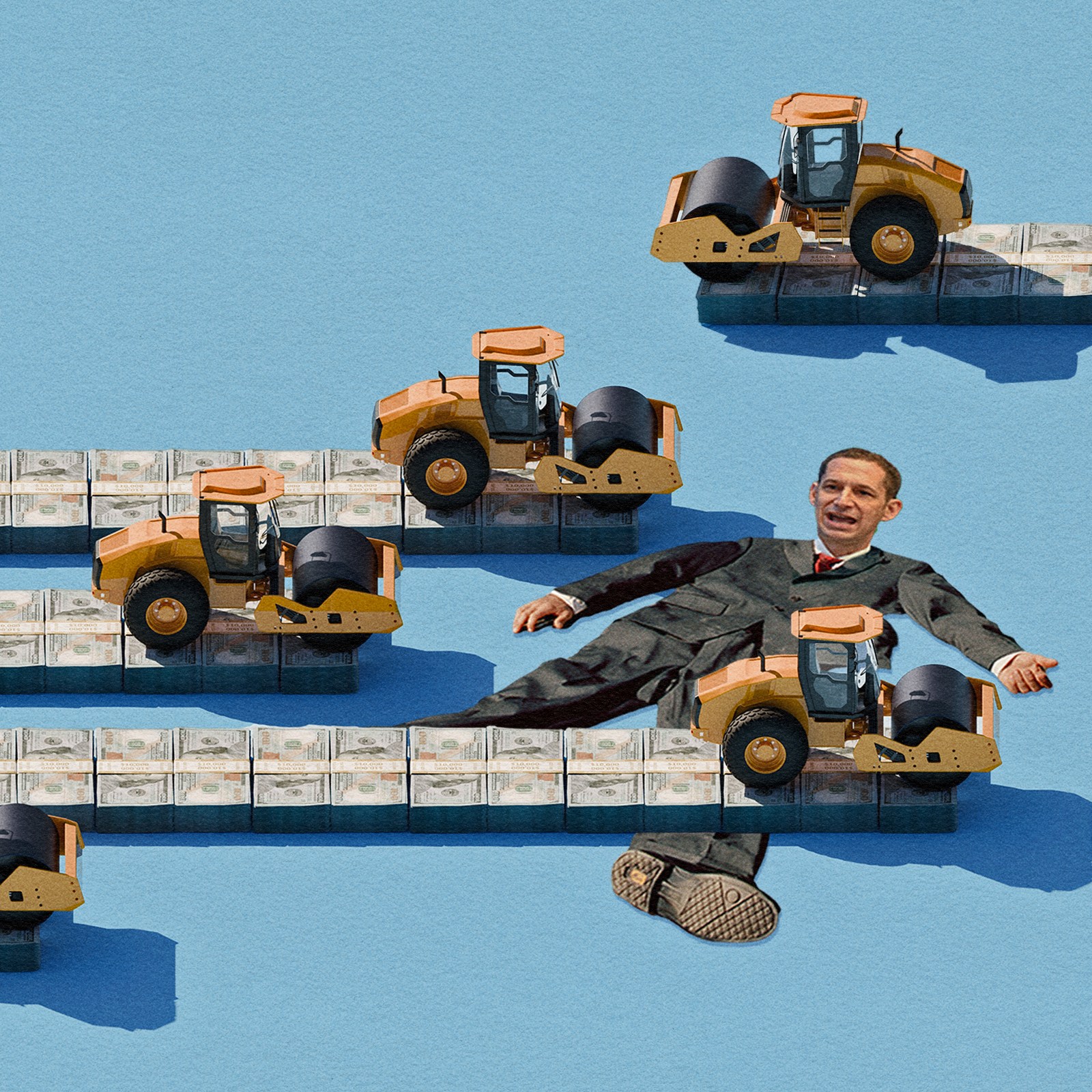 A photo illustration of a man getting run over by several steamrollers.