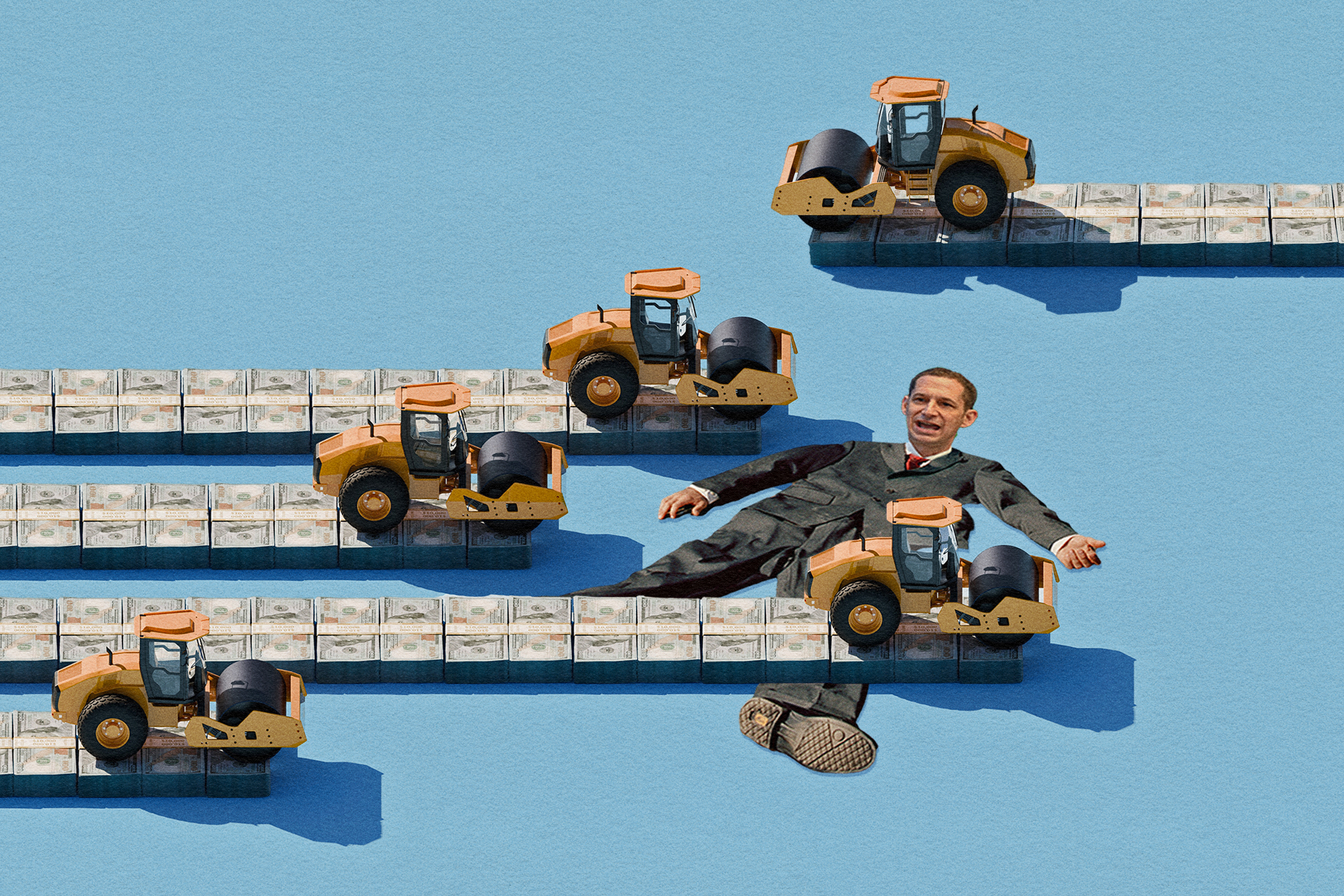 A photo illustration of a man getting run over by several steamrollers.