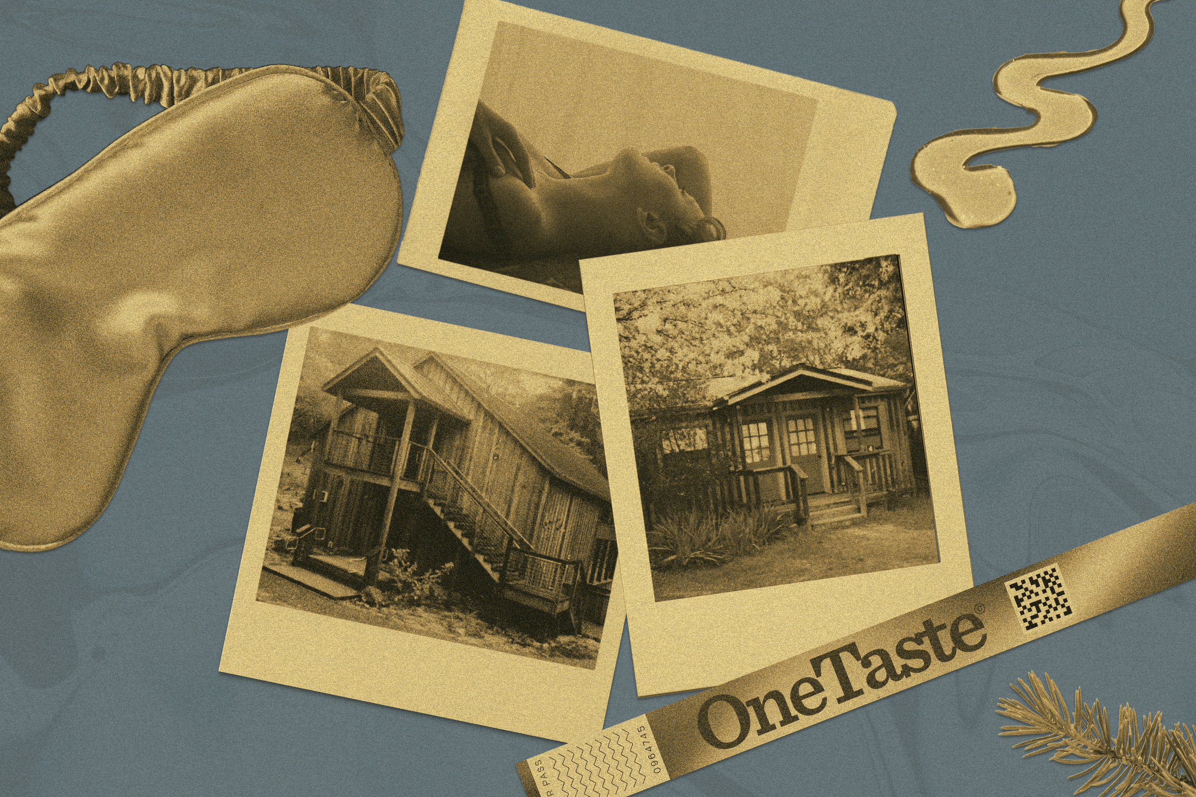 The image shows an eye mask, three sepia photos of cabins and a person lying down, a ribbon, and a label reading "OneTaste" on a textured background.