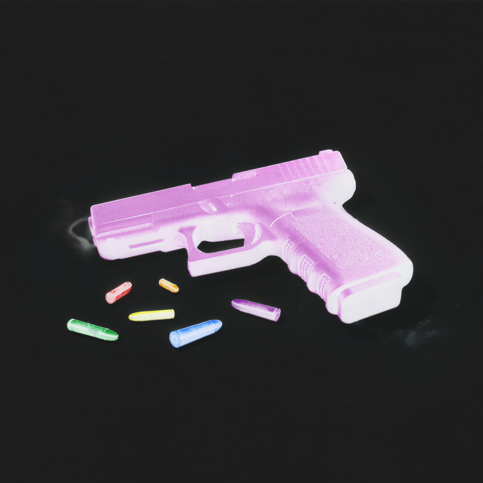 A photo illustration of a pink gun and bullets